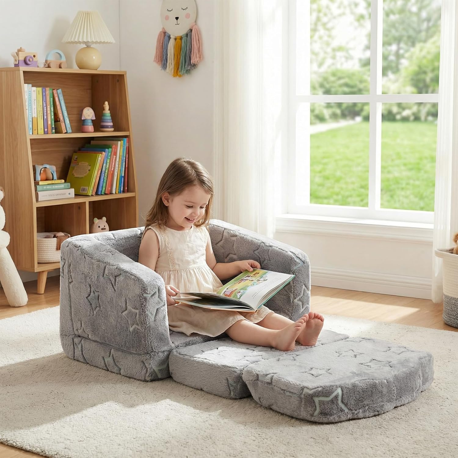 Play Couch Sofa for Kids Fold Out Flip Out Kids Sofa Chair 2 in 1 Convertible Sofa to Lounger for Girls and Boys (Grey)