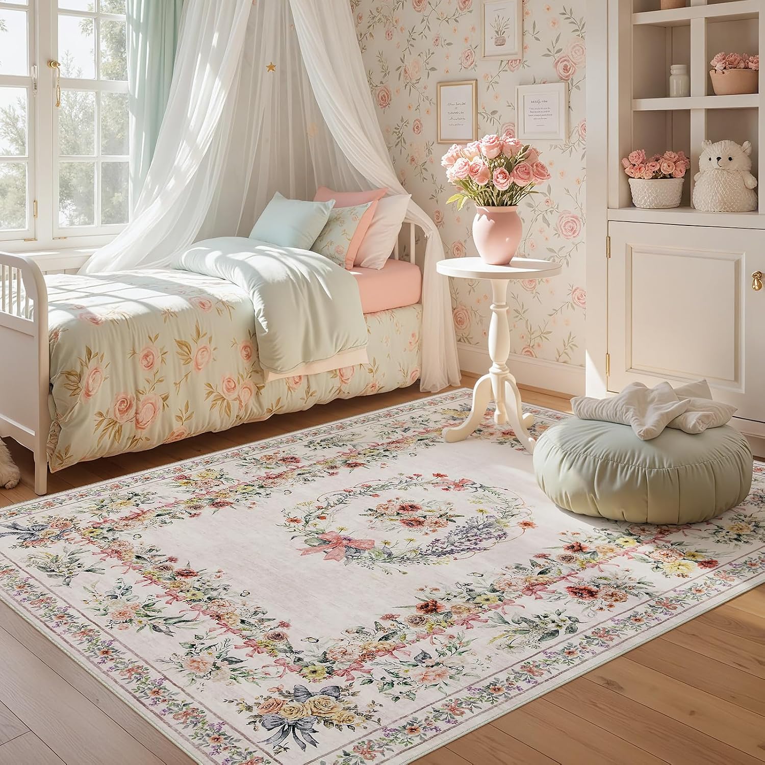 Joydeco Floral Bow Pink Rug for Bedroom, Washable 5x7 Area Rug for Girls Nursery Playroom, Ultra-Thin Non Slip Soft Boho Carpet for Kids Room Dorm Living Room Classroom, Light Pink