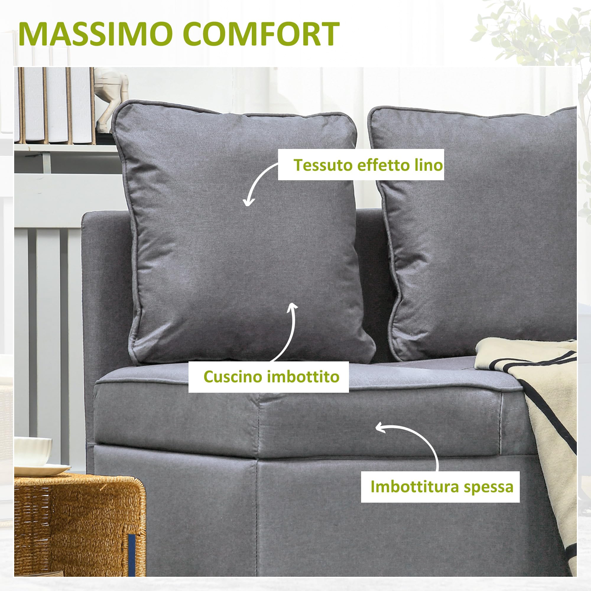 HOMCOM 3 in 1 Poltrona Letto Imbottita Reclinabile 98x71x67 cm Grigio Scuro | Schienale in 5 Posizioni, Cuscini, Divano Letto Una Piazza e Mezza, Tessuto Effetto Lino e Legno, per Soggiorno