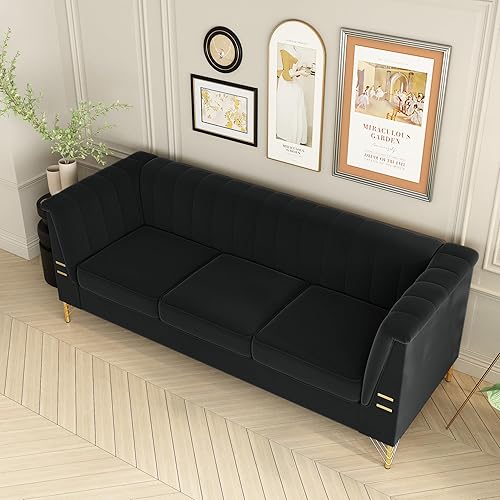 Miniatura 17 de Sofá de terciopelo verde de 83.46 pulgadas de ancho con patas metálicas doradas, sofá tapizado de brazo alto de 3 plazas para sala de estar,