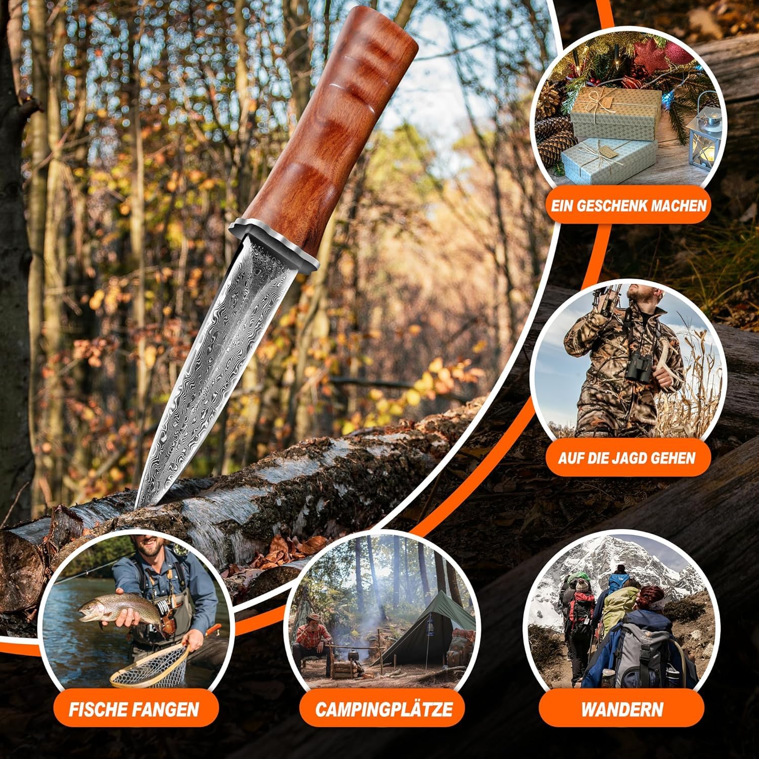 TIVOLI Damaszener Jagdmesser,Damaszener Stahl Adventure Outdoor Survival Messer, Zweischneidiges Dolchmesser, Geeignet für die Jagd, Dschungel Abenteuer, Camping, Senden Exquisite Geschenk-Box