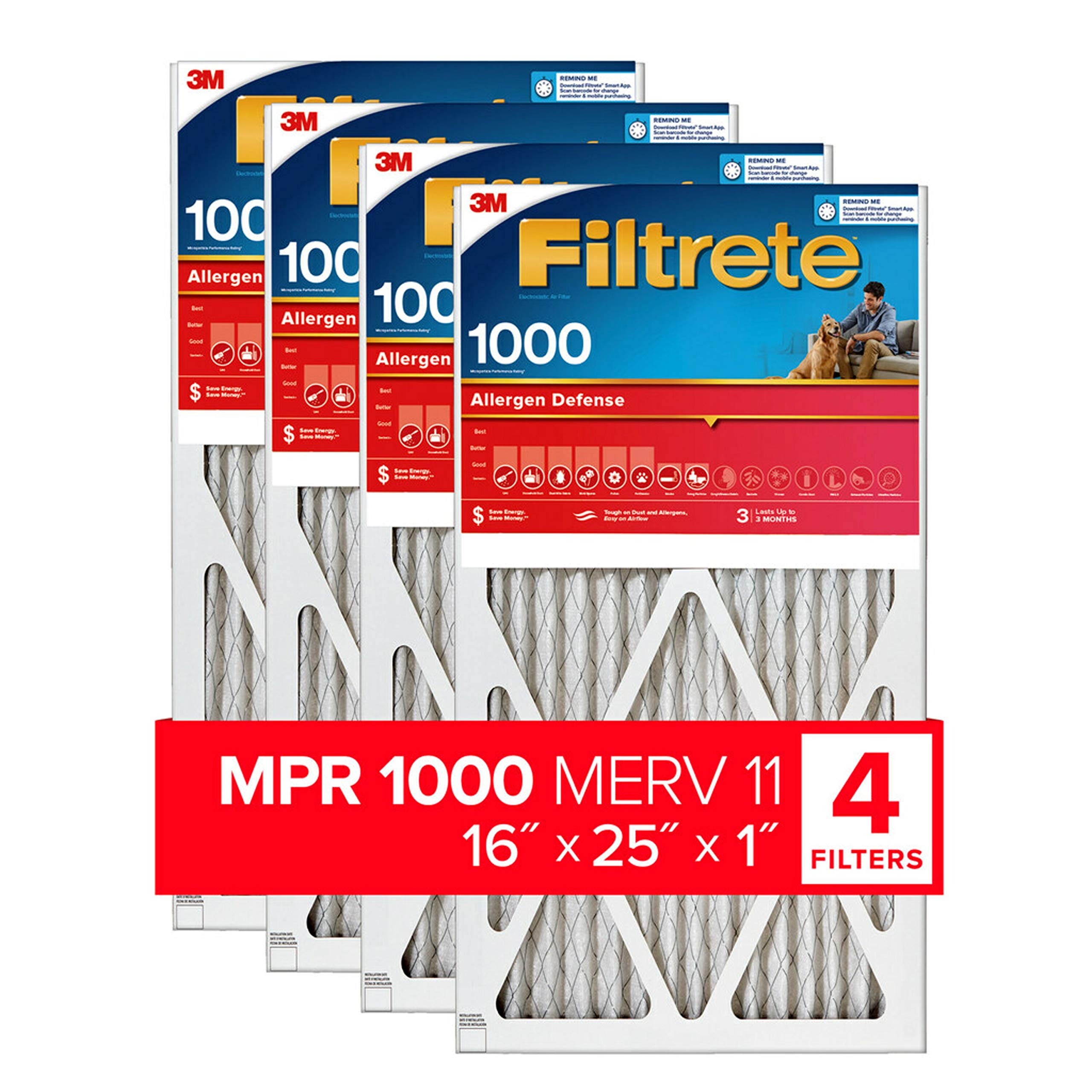 Filtrete16x25x1 AC Furnace Air Filter, MERV 11, MPR 1000, Micro Allergen Defense, 3-Month Pleated 1-Inch Electrostatic Air Cleaning Filter, 4 Pack (Actual Size 15.69 x 24.69 x 0.81 in)