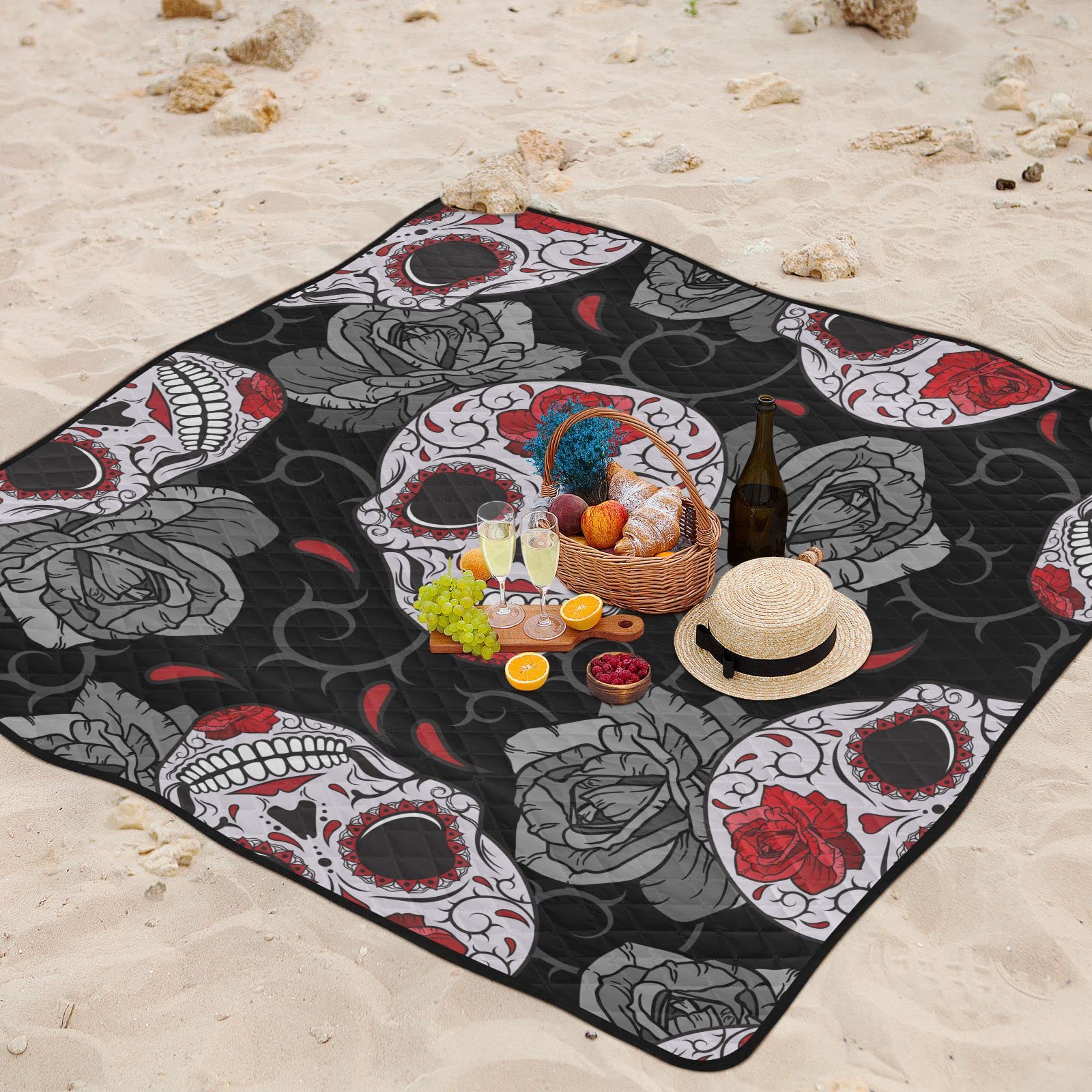 Sanddichte Campingdecke Rasendecke mit Stauraum für Picknick Gothic Totenkopf Rosen