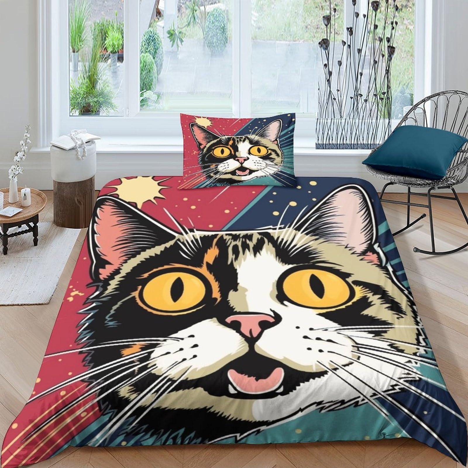 Housse de couette chat 3D parure de lit 3 pièces microfibre 135x200 cm zippée