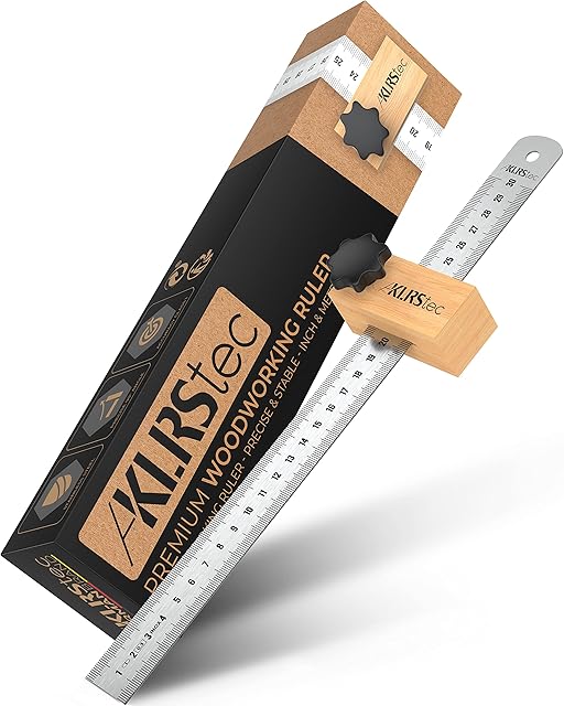 KLRStec® Premium Woodworking Ruler [CM & INCH] 300mm Accurate Slide Stop Marking Ruler [AC-1] Adjustable Sliding Ruler made of sturdy Stainless Steel (INOX)