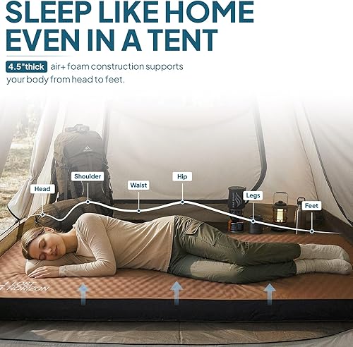 Miniatura 3 de LOSTHORIZON Colchón de campamento de aire y espuma, almohadilla de dormir autoinflable, 4.5 pulgadas de grosor, con bomba de aire
