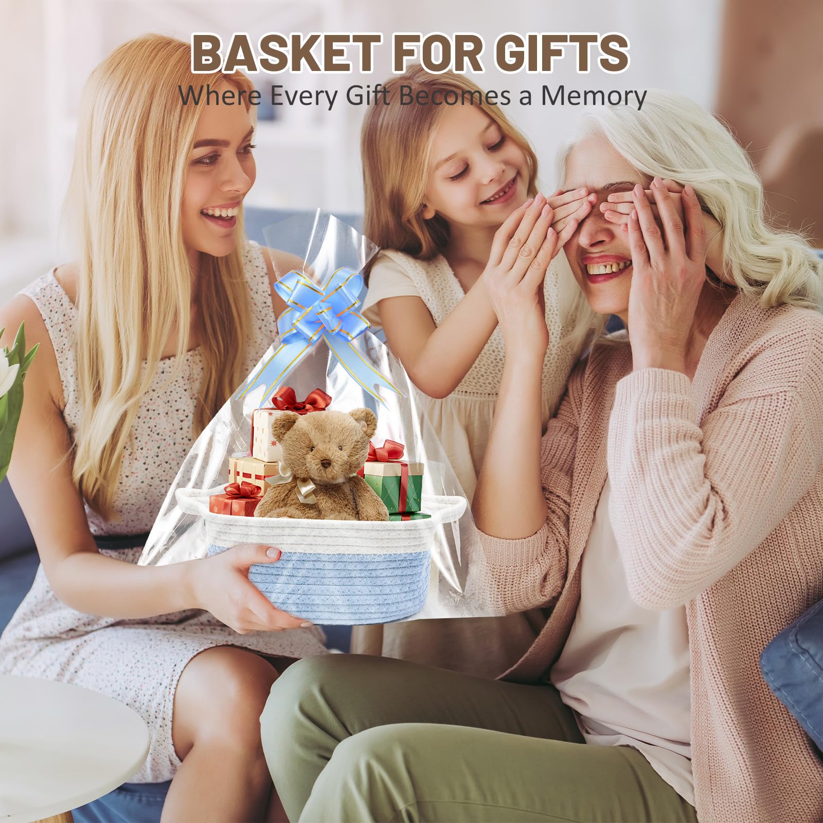 Cestino regalo vuoto 30 x 20 x 12 cm, cestino intrecciato con sacchetti regalo e nastri, cestino regalo vuoto per Natale, compleanno, matrimonio, cestino portaoggetti, cestino decorativo (blu)