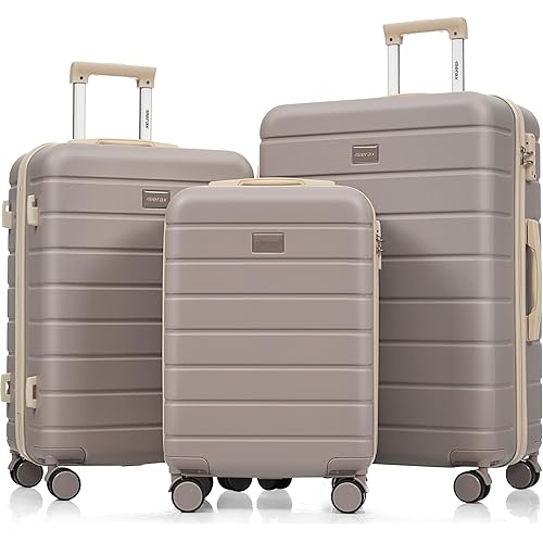 Merax 3 Piece ABS Hardshell Luggage Sets Spinner Wheel Suitcase TSA Lock Suit Case, Rosybrown, 20/24/28 Inch