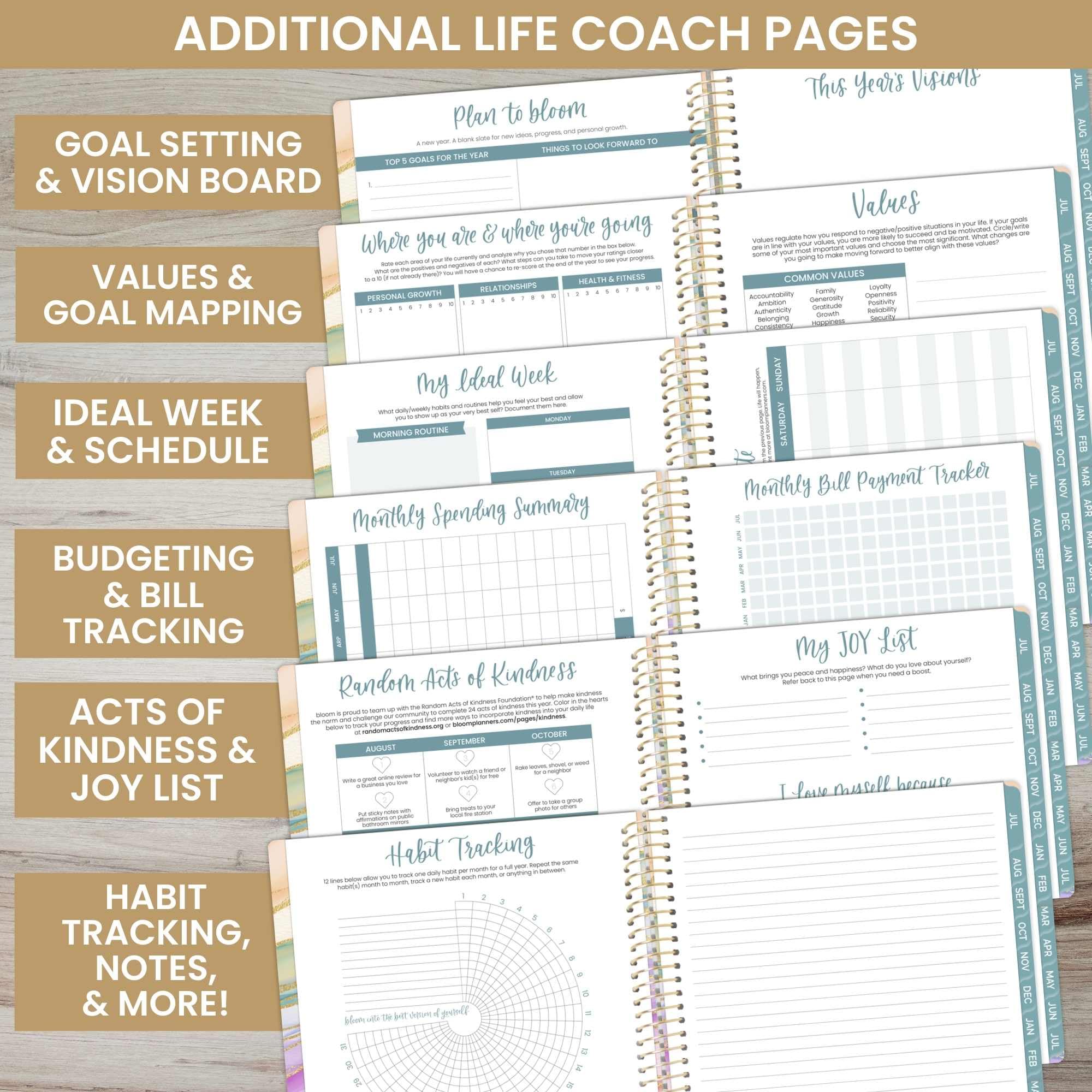 bloom daily planners Agenda 2024-2025 (21,6 x 27,9 cm) (luglio 2024 - luglio 2024) - Agenda settimanale/mensile con linguette e adesivi, motivo onde acquerellabili