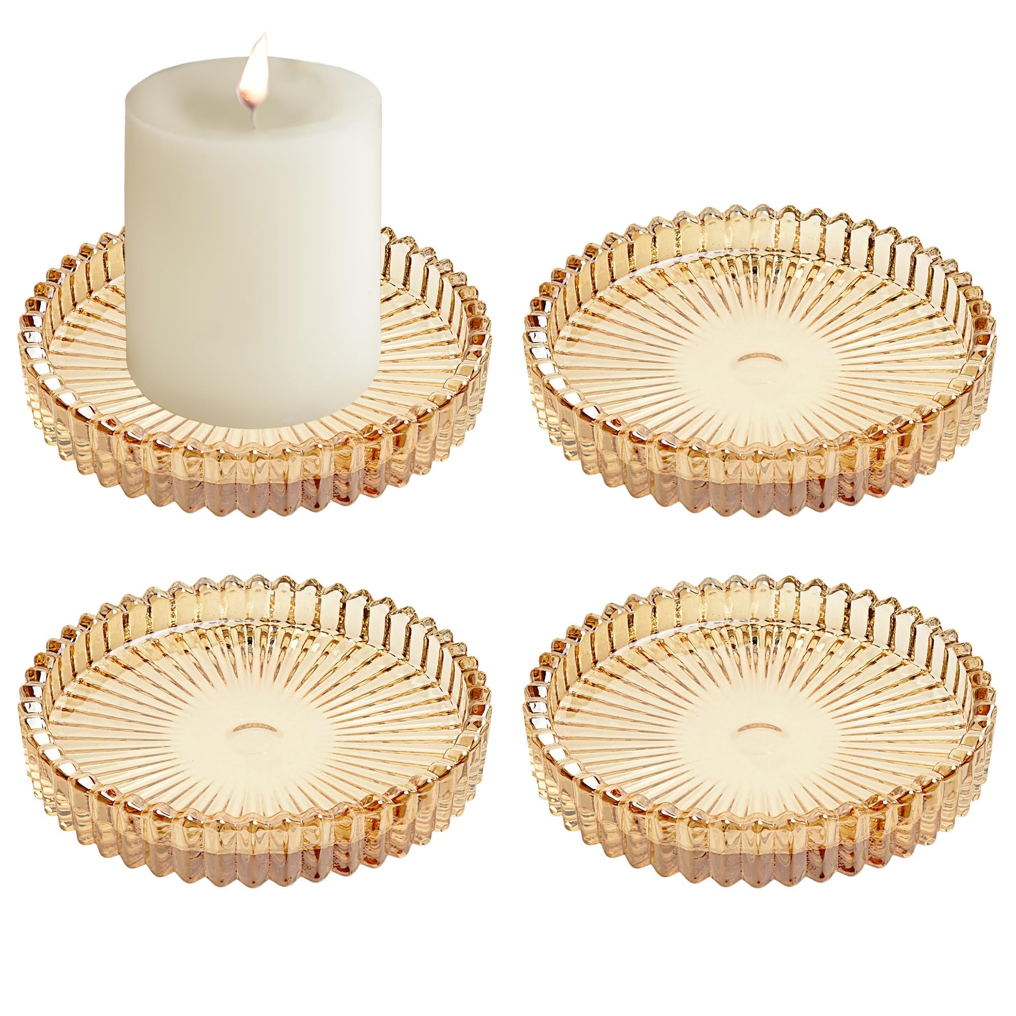 ECHFSM 3.8 Inch Amber Glass Pillar Candle Holder Plates Set of 4 Coaster Holder Round Candle Stand for Table Centerpieces, Wedding,Party,and Home