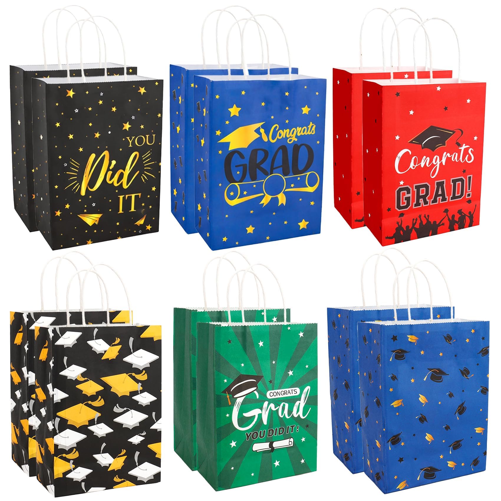 12 Pack Graduation Party Paper Gift Bags,Graduation Gift Bags With Handles,6 Designs Congrats Grad Paper Bag,Assorted "Congrats Grad" Loot Bag,For Class,High School & University Celebration
