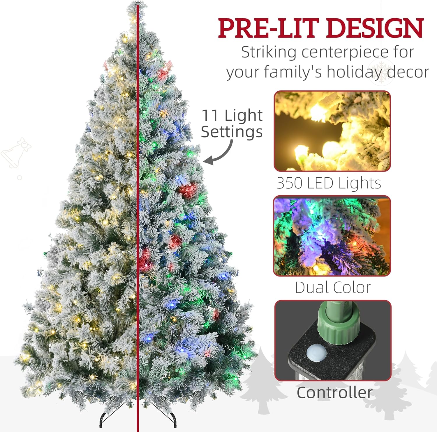 HOMCOM 6ft Prelit Artificial Christmas Tree, Xmas Tree with 350 Warm White or Colorful LED Lights, 607 Snow Flocked Branches and Steel Base, Holiday Decor
