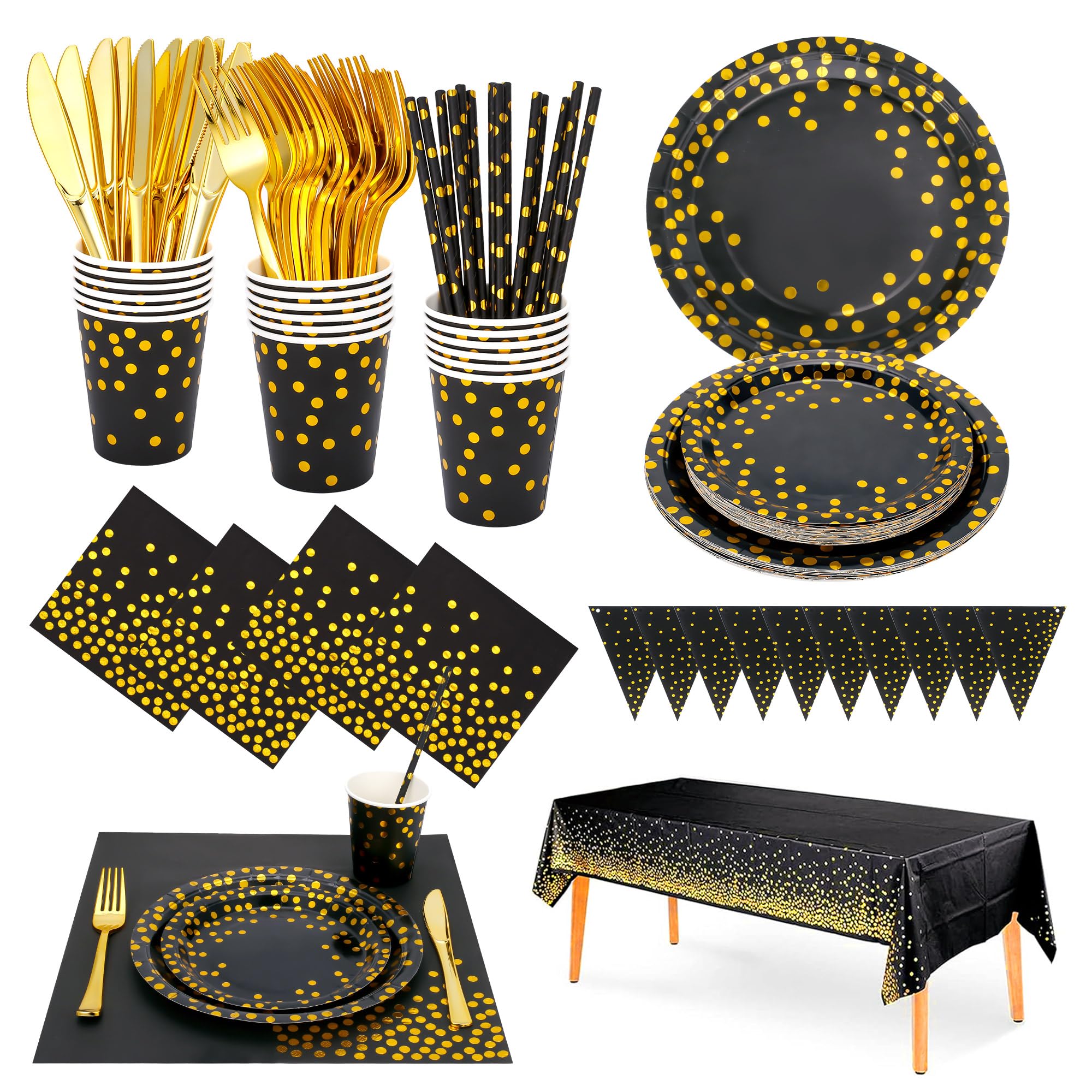 186PCS Black and Gold Party Supplies Set,25 Guests Golden Dot Party Dinnerware,ncludes Black Paper Plates Napkins Paper Cups Tableware,for Wedding Shower,Engagement,Wedding,Birthday,New Year Party