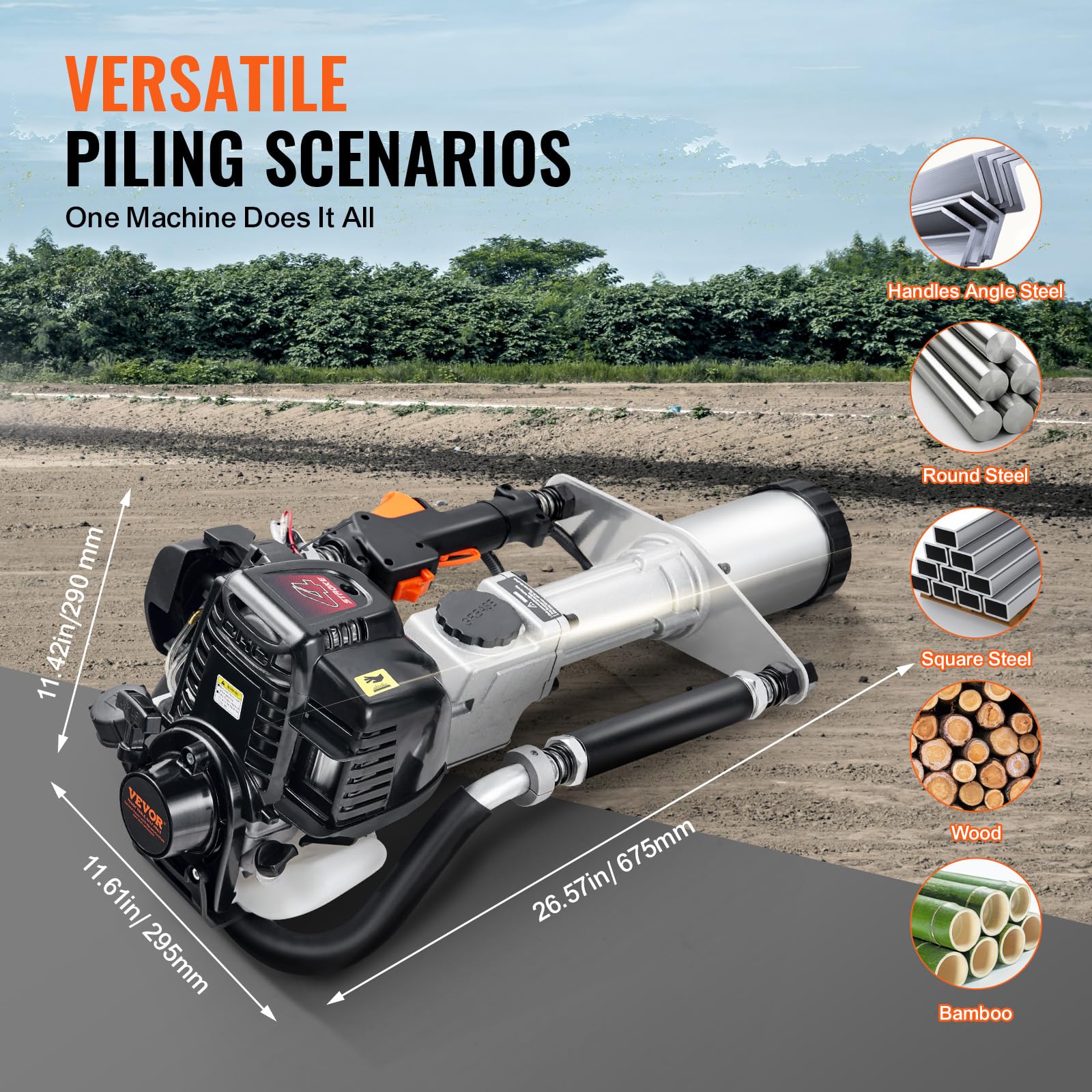 VEVOR Martillo para Hinca de Postes en T a Gasolina 37,77 cc, Motor de 4 Tiempos, con Cabezal para Hincar 3 Postes de 45/55/88 mm, 1000 W, para Cercas de Granjas y Ranchos, Mejoras de Carreteras