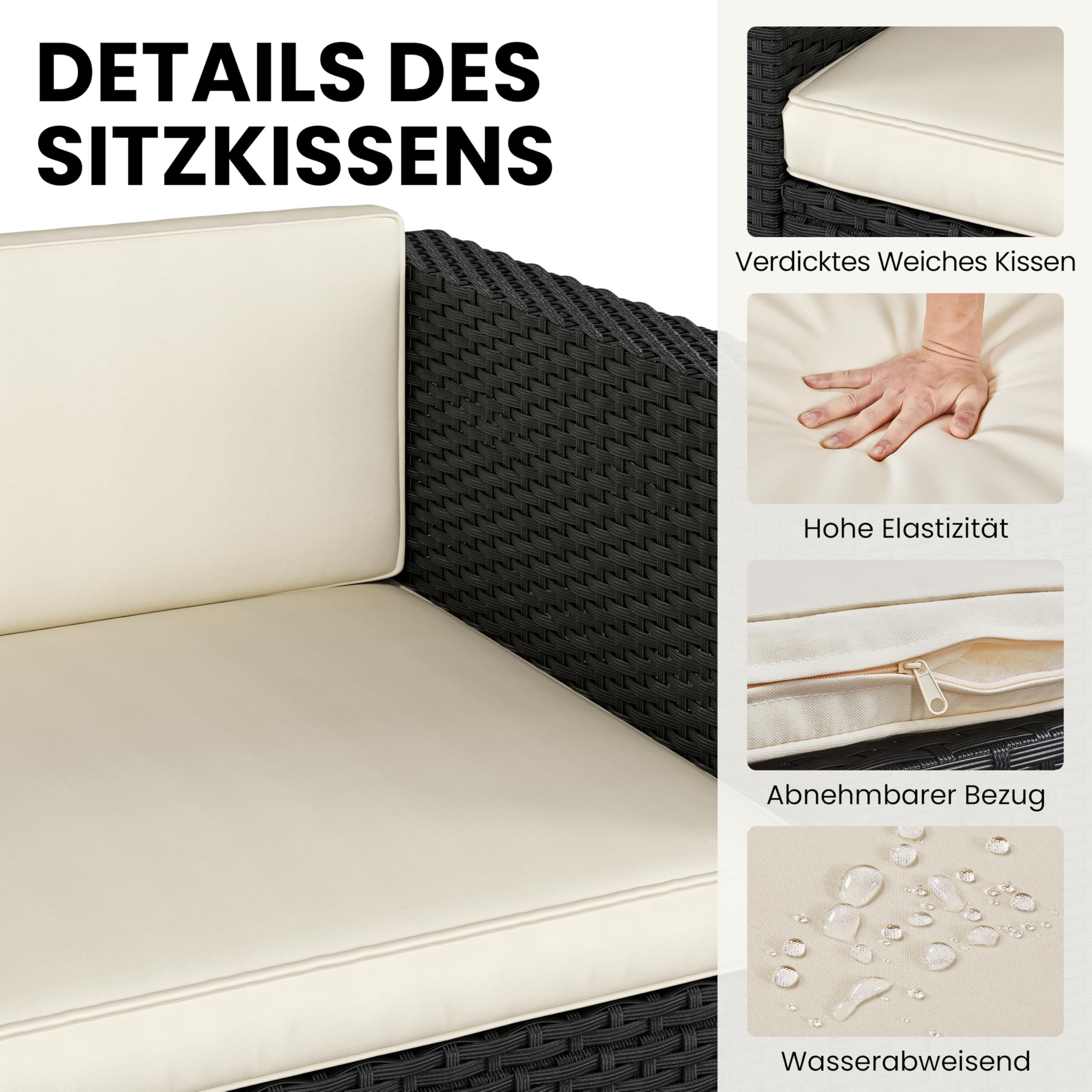 Yaheetech 5er Gartenmöbel Set Balkonmöbel Set aus PE-Rattan Wetterfest | Terassenmöbel Außen mit 2 Ecksofa & Sofa & Stuhl & Beistelltisch & Sitzkissen für Garten/Balkon/Terrasse, Schwarz & Beige