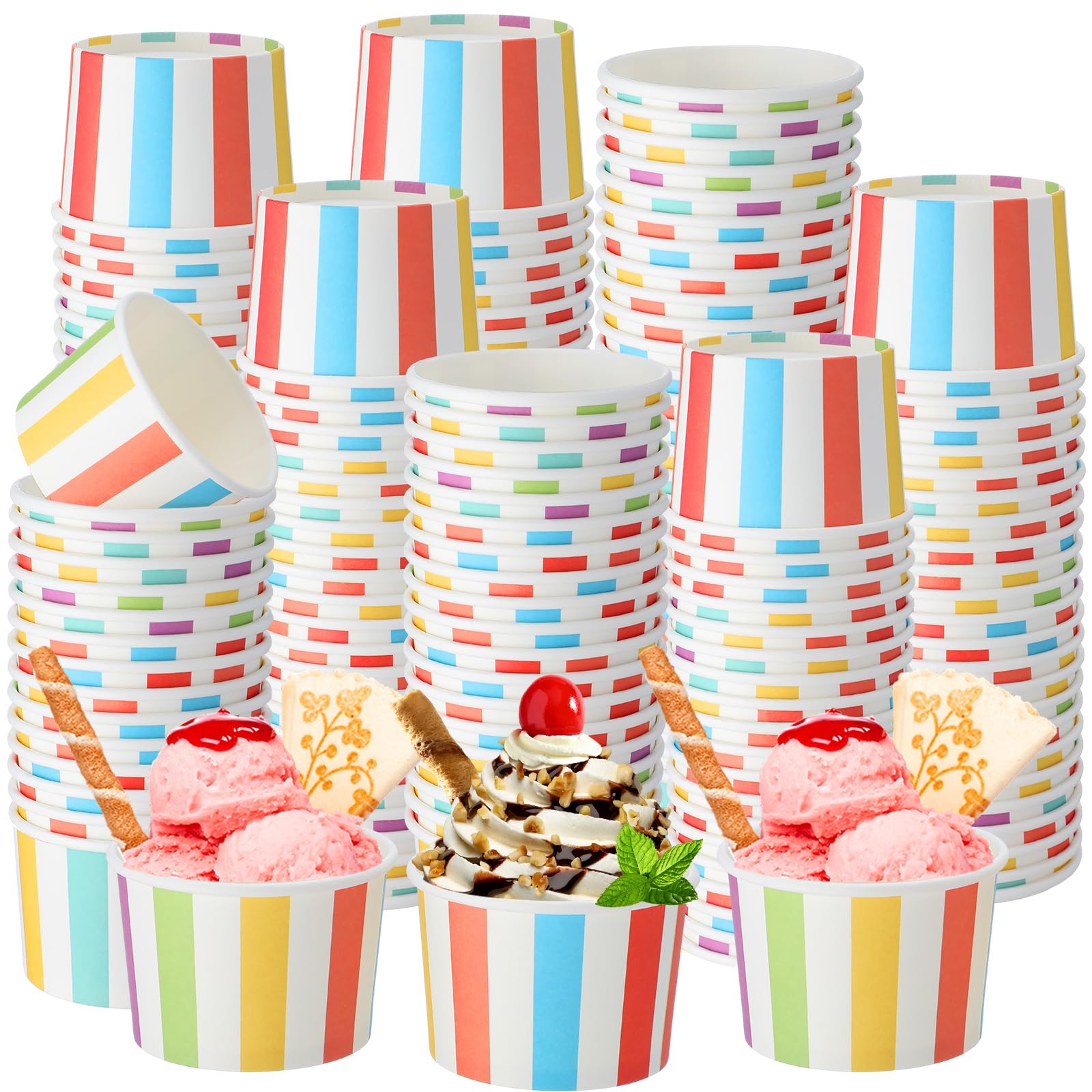 Honeydak 200 Pack 5 oz Ice Cream Cups Rainbow Striped Paper Disposable