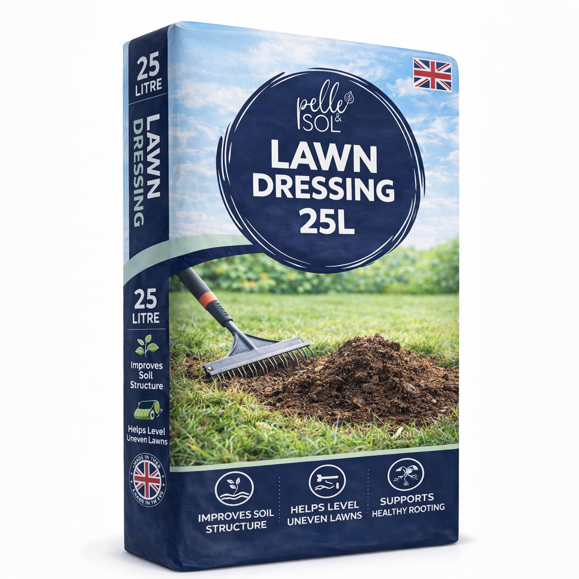 Pelle & Sol 25L Lawn Dressing Compost – Lawn Top Dressing Soil Sandy Loam – Lawn Levelling Soil, Overseeding & Lawn Repair – Top Soil for Grass Seeding, Lawn Sand & Soil Improver