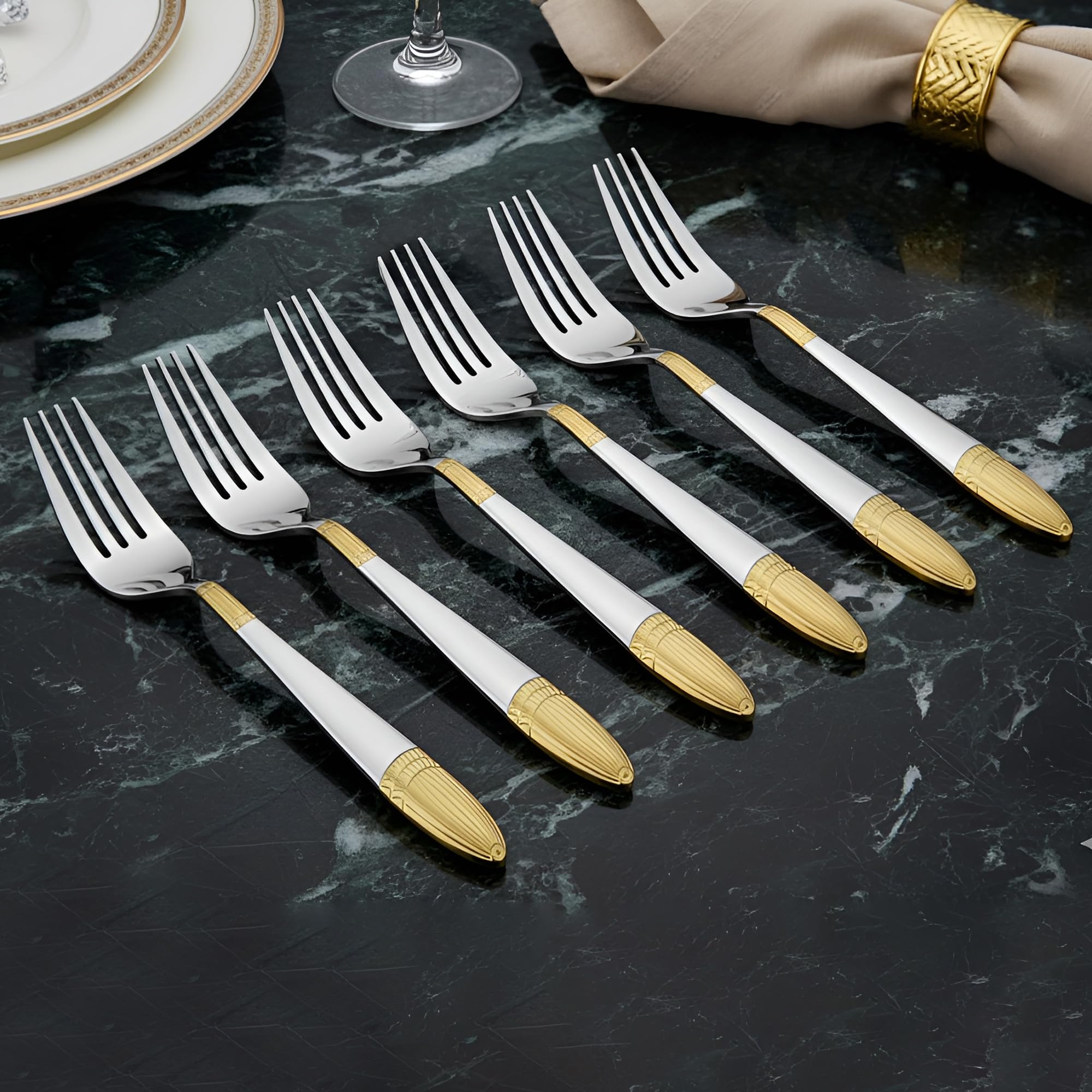 Parage 6 Pieces Stainless Steel 24k Golden Dinner Forks Set, 16 cm Premium Cutlery Set for Home & Kitchen, Luxury Dining Tableware Gift for House Warming,24 Karat Gold Plated Forks, Ivory Design