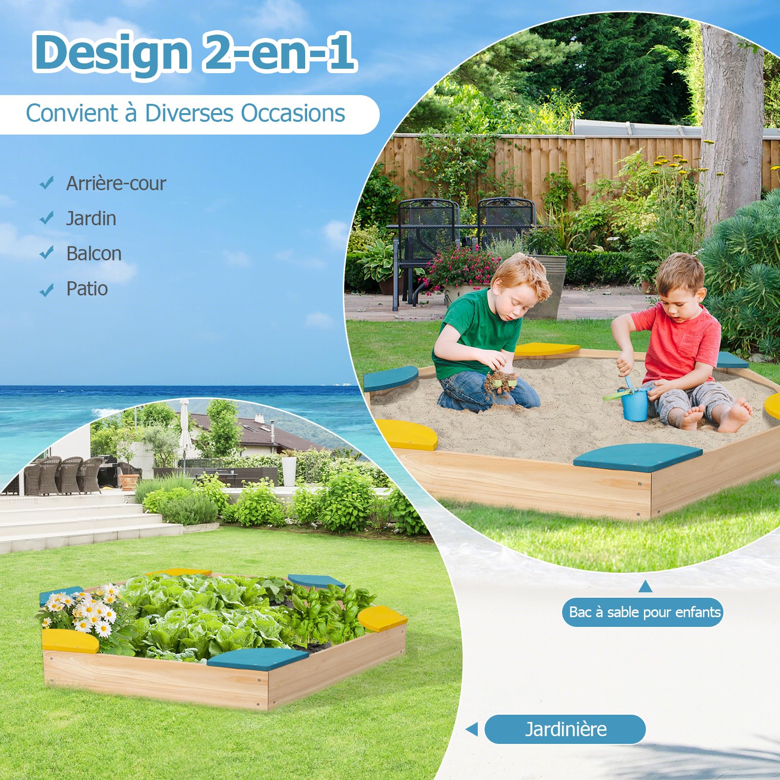 DREAMADE Bac à Sable en Bois, Boîte à Sable Enfants avec Sièges, Bac à Sable Extérieur pour Jardin, Plage, Pelouse (Hexagone Jaune)