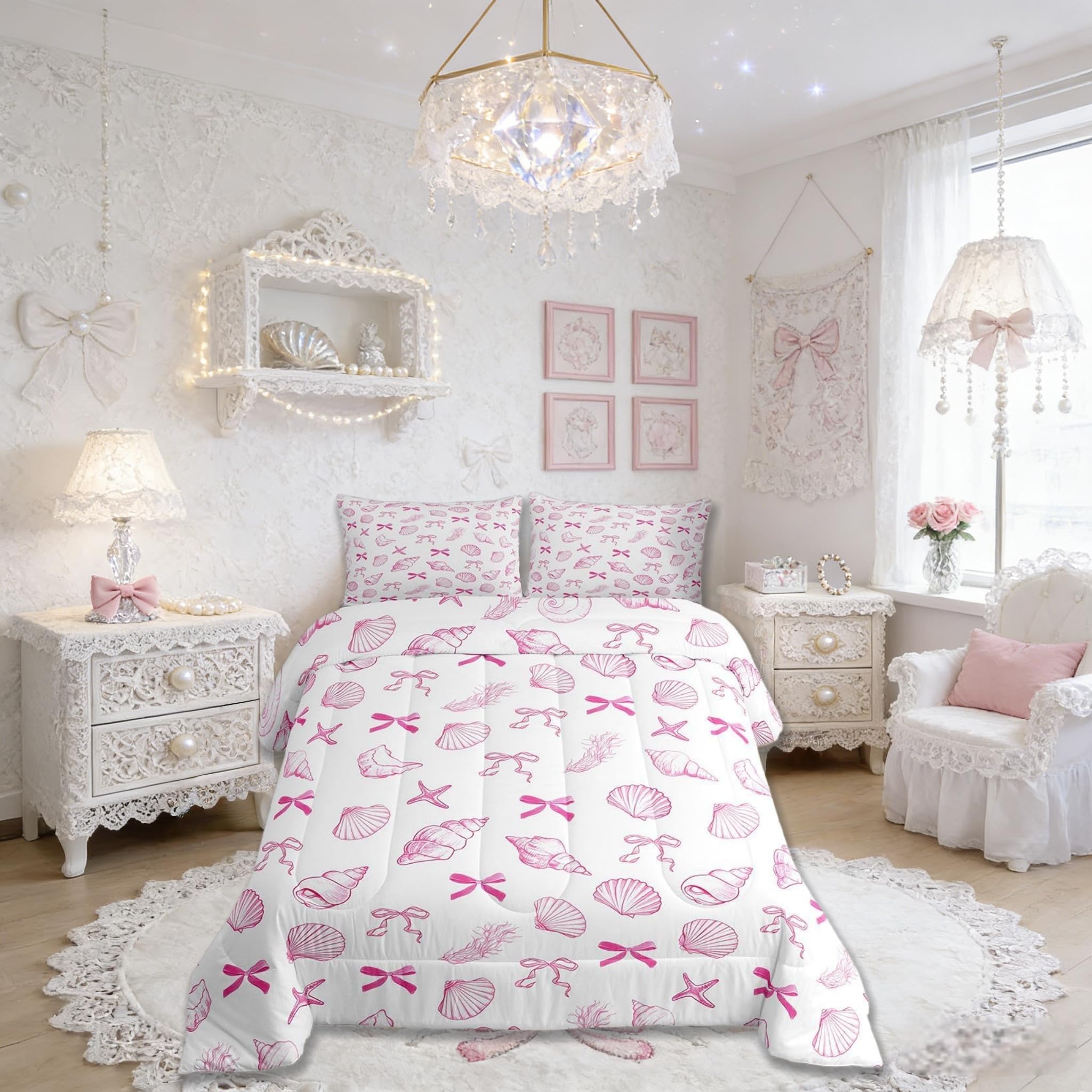 Summer Sea Kinder-Bettwäsche-Set für King-Size-Bett, Kawaii-Fliege, Muschel, Ozean, Muschel, Seetang, nautische Steppdecke, rosa-weiß, Schlafzimmer-Bettbezug, 2 Kissenbezüge