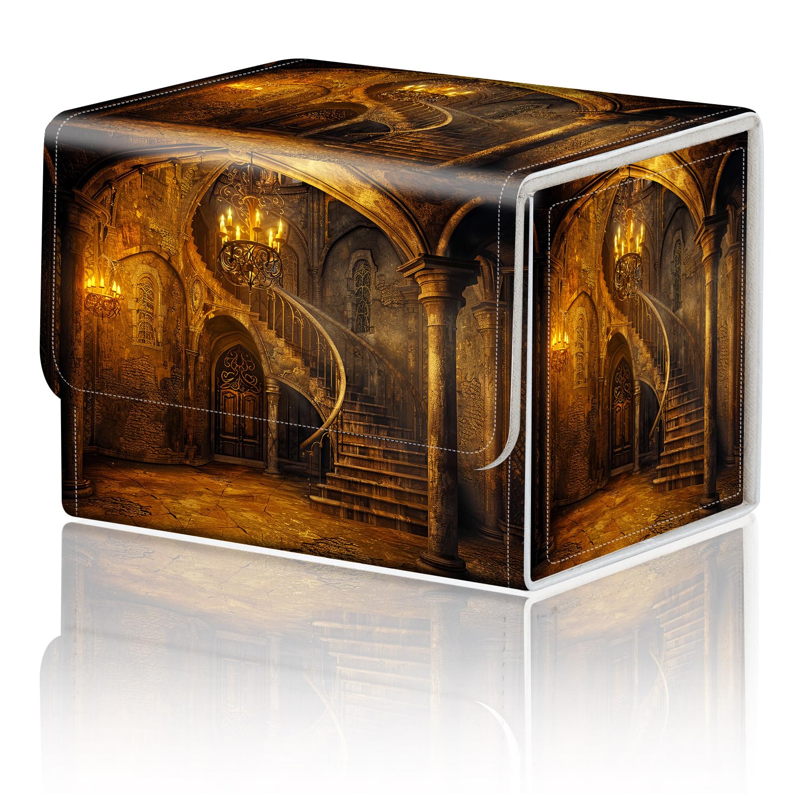 Card Game Storage Box for TCG Deck Box MTG Card Box Organizer Trading Card Case Commander Deck Box TCG Card Storage Box Magnetic Closure Creative Pattern, Golden Castle Rotating Staircase — image 1