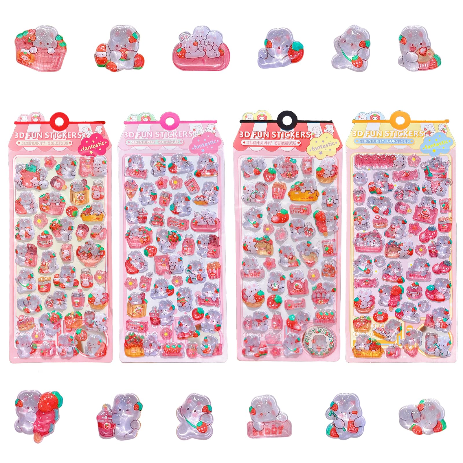 フリランス-ショプ ぷくぷく 【4枚入り】 3D立体 ぷっくりシール 立体 大容量 可愛い 貼り付け可能 ピンクのうさぎ 水筒用 DIY用 手帳用 携帯電話飾 贈り物
