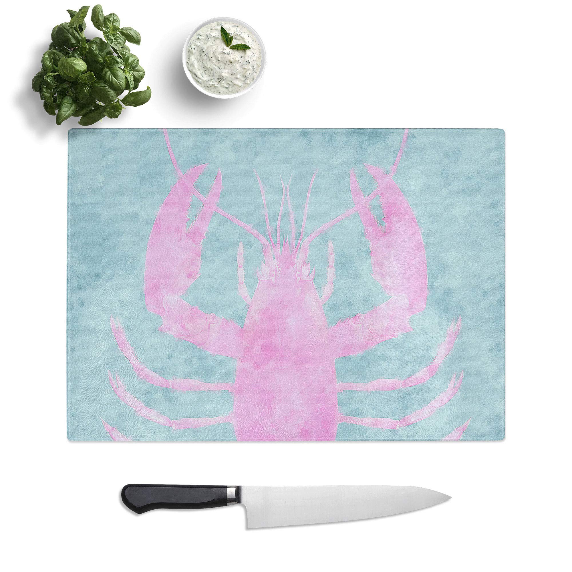 Glass Chopping Board - Pink & Duck Egg Blue Lobster Art Painting - Textured Worktop Saver Cutting Board - Heat Resistant, Shatterproof and Hygenic - 39 x 28.5 cm