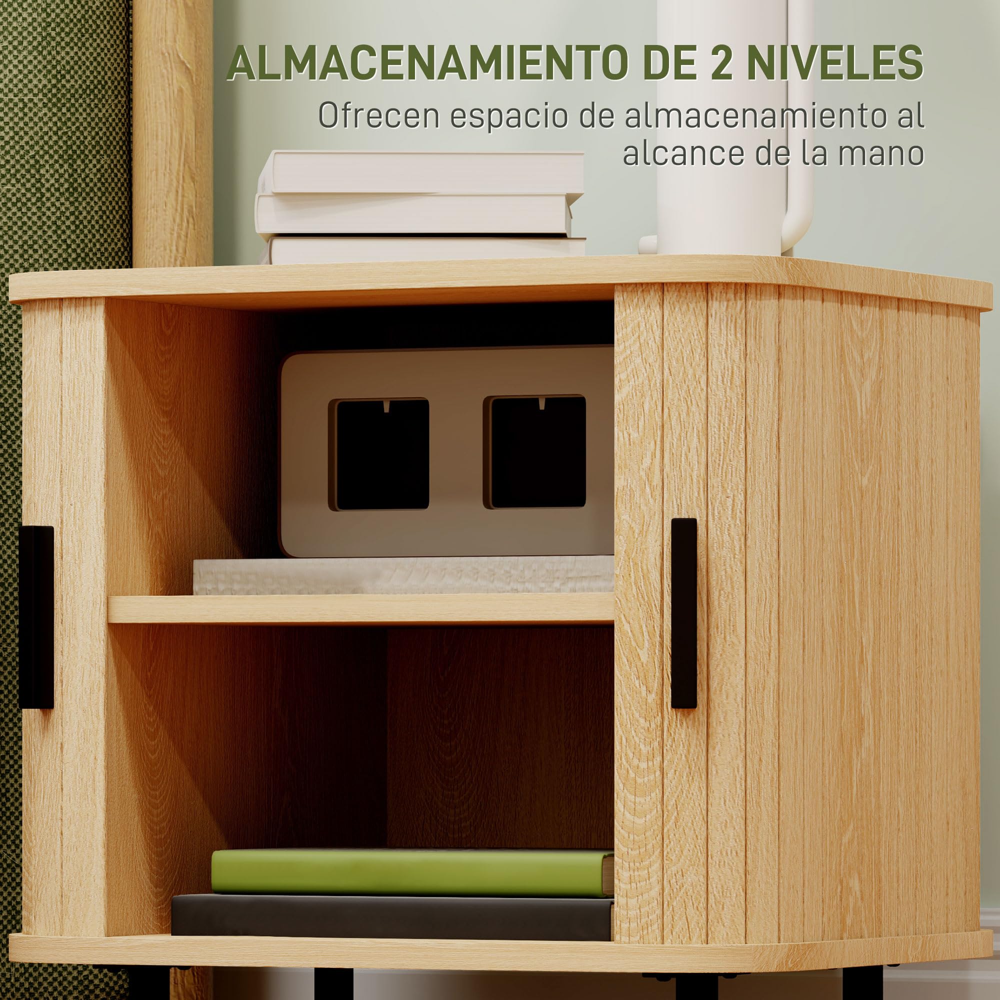 HOMCOM Mesita de Noche Puertas Correderas 2 Estantes 48x40x48 cm Roble