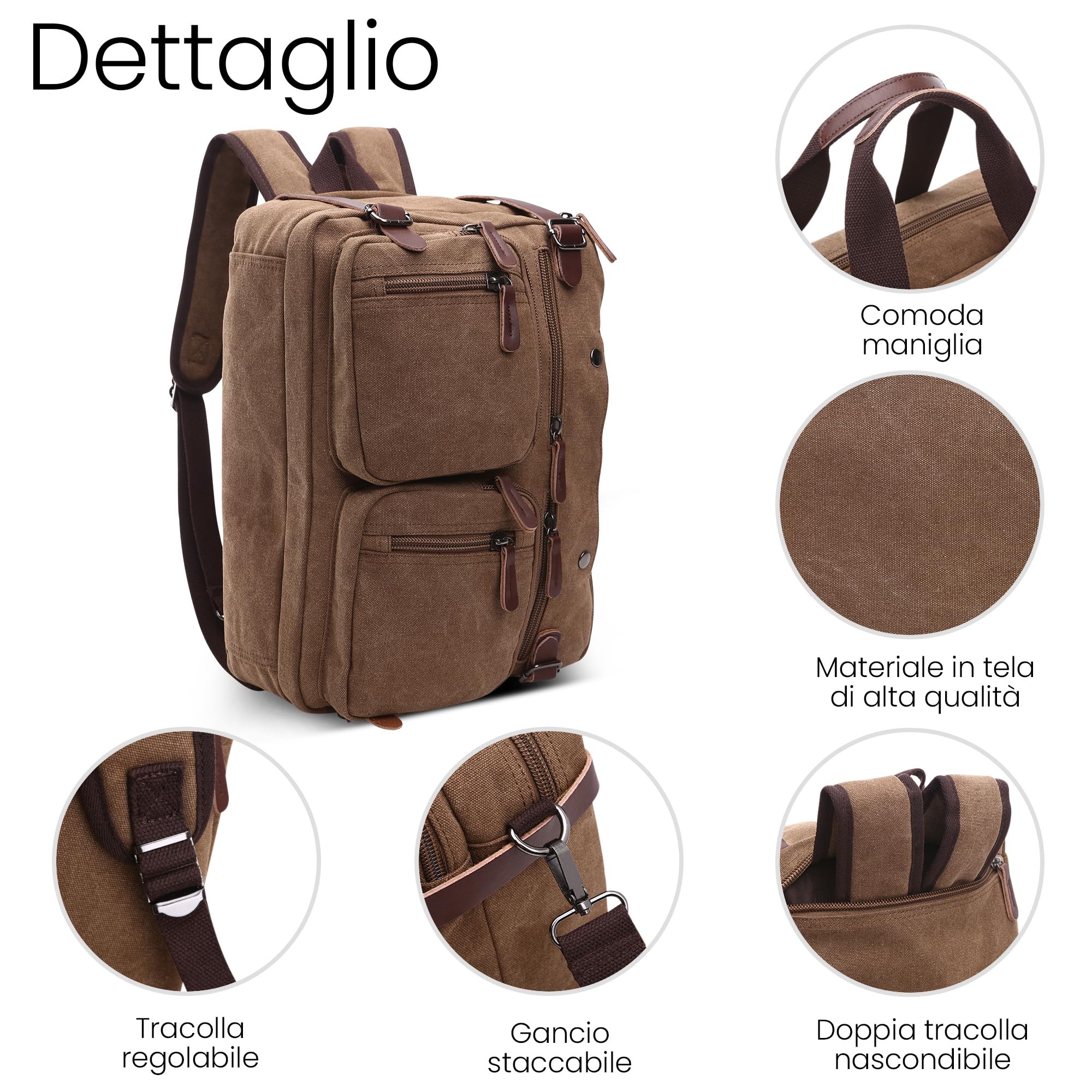 Moda Tela Zaino Uomo Elegante Convertibile Borsa a Tracolla per 15 Pollici PC Portatile Tasche Messenger Bag Borsetta Casuale Viaggio Scuola Quotidiano Lavoro Uomo Canvas Backpack Marrone
