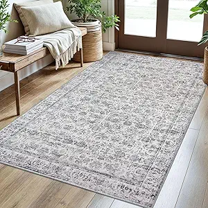 3x5 Grey Blue White Washable Rug for Entrance, Soft Distressed Floral Rug with Non-Slip, Low-Pile Vintage Neutral Area Rugs for Entryway Living Room, Bedroom, Dorm Carpet with Non-Shedding