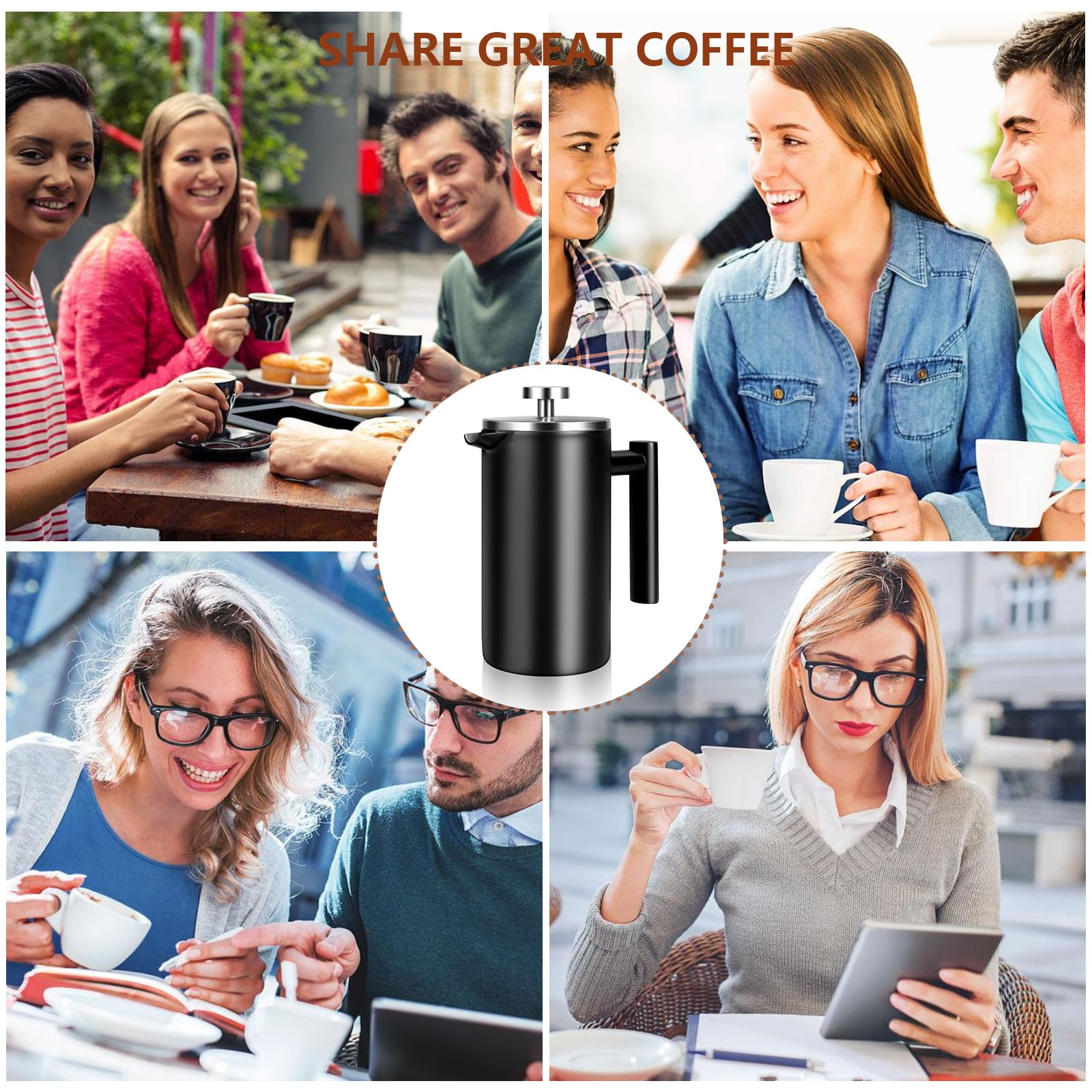 SZHETEFU French Press - Cafetera de prensa francesa grande aislada de acero inoxidable de alta calidad, capacidad de 4 a 6 tazas, cafetera de émbolo de prensa francesa, color negro