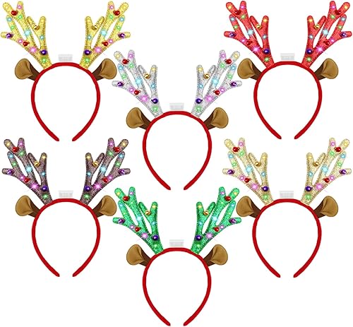 Aneco 6 diademas LED de reno de Navidad iluminadas con cuernos de reno, accesorios de disfraz de reno de Navidad para decoraciones de Navidad