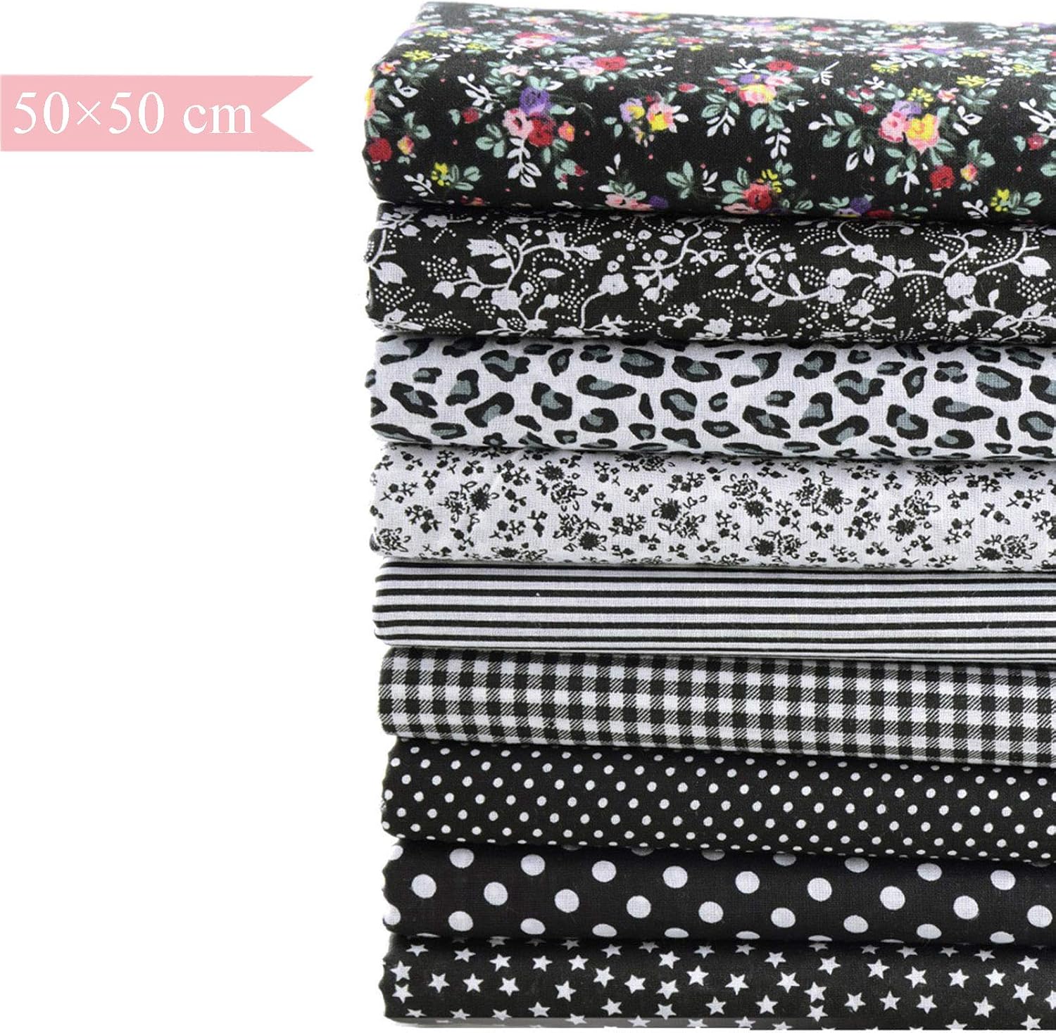 9 Pieces 19.5" x 19.5" 100% Cotton Fabric Black Fat Quarters Fabric Bundles, Pre-Cut Floral Print Quilting Squares for DIY Sewing Scrapbooking Crafting Artcraft