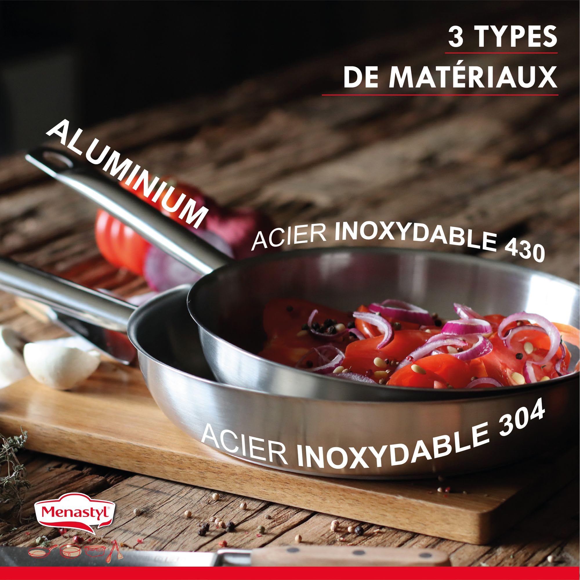 MENASTYL - Lot De 3 Poêles En Inox 18/10 Induction Easynox - Acier Inoxydable Sans Accroche, Sans PFAS, Sans PTFE - Tous Feux Dont Induction Et Lave-vaisselle - Brume - 16/18/20 Cm - 6014247