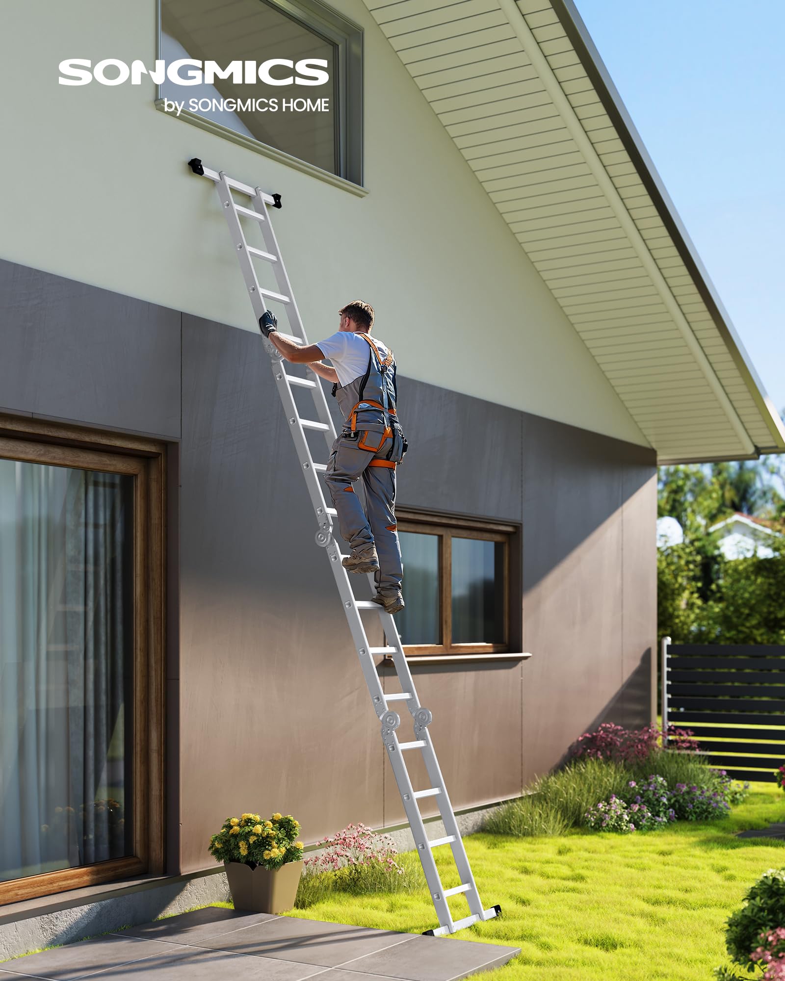 SONGMICS Escalera de Tijera, Escalera de Aluminio, Doméstica, 4 x 4 Peldaños, Carga de 150 kg, 16 Peldaños, Diseño 6 en 1, 430 cm de Largo, Plata GLT046E01