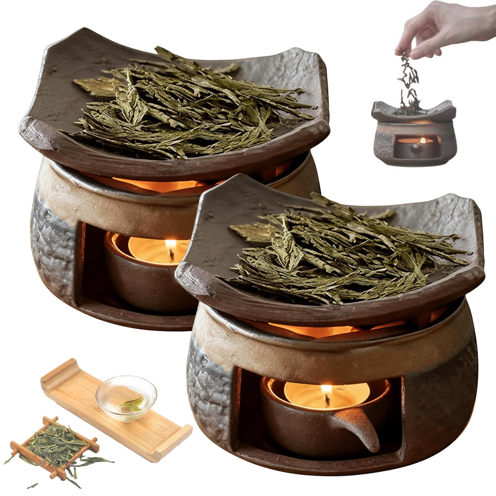 Kominek na zioła cedrowe i zen, 2 szt. Ceramiczny piec do aromaterapii, palnik na olejki eteryczne, świeczniki na podgrzewacz do czajnika, podgrzewacz do czajnika, zestaw łagodzący stres