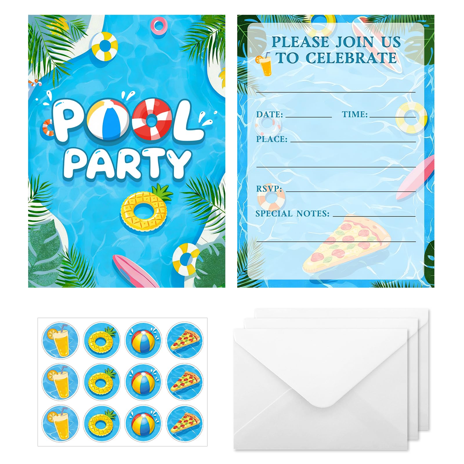 IHCEMIH Pool Party Invitations Kids Birthday with Envelopes and Stickers - 12 Pack Swimming Pool Party Invites Cards Girls Boys Children Fun Summer Water Splash Themed Size 12.7x17.7cm