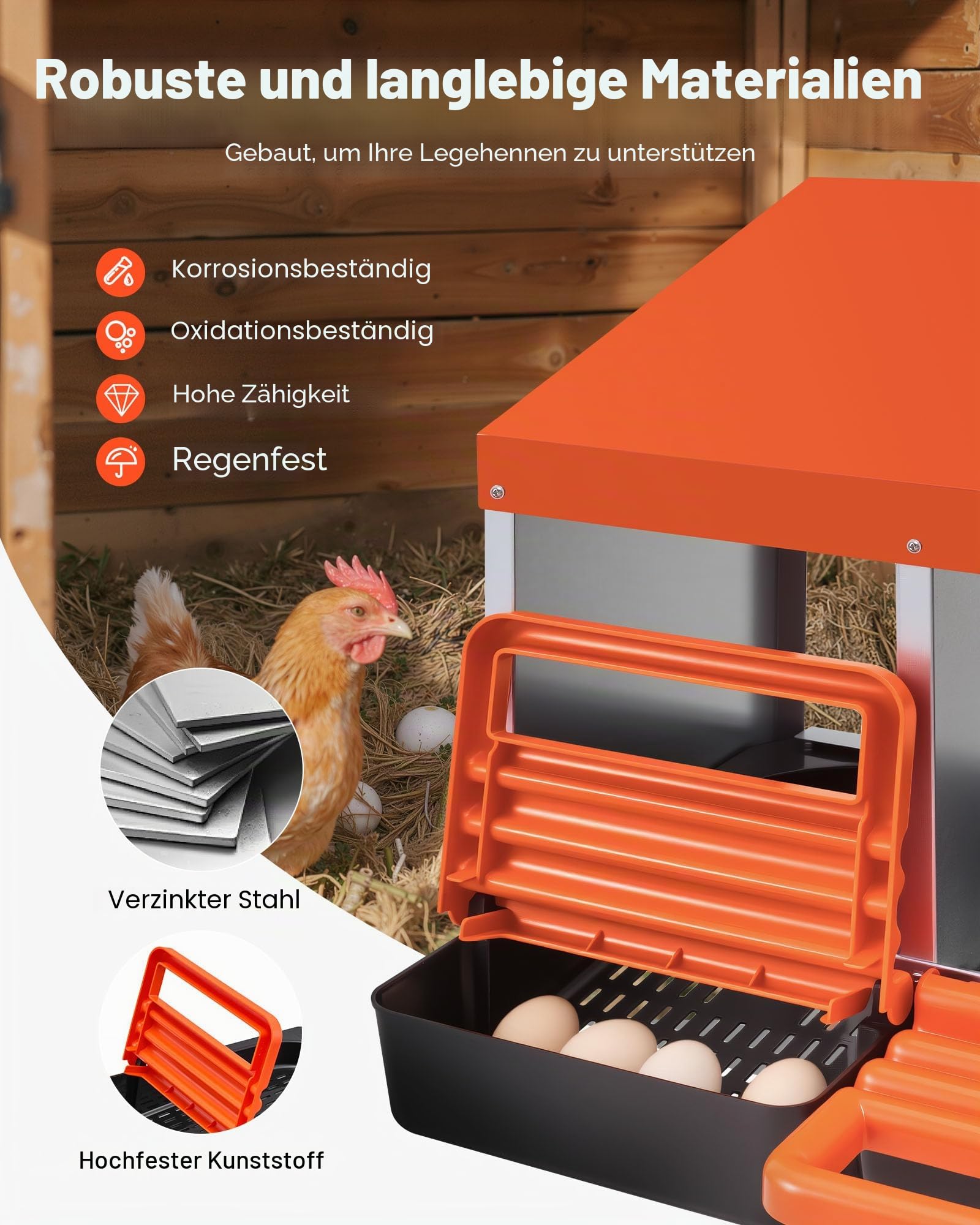 VEVOR Legenest 535x525x475 mm, 2 Fächer, Hühnernest aus Metall mit Fangschale & Lüftungslöchern, Geflügelnester, Abrollnest, ideal für Hennen, Enten, Hühner & anderes Geflügel, Orange