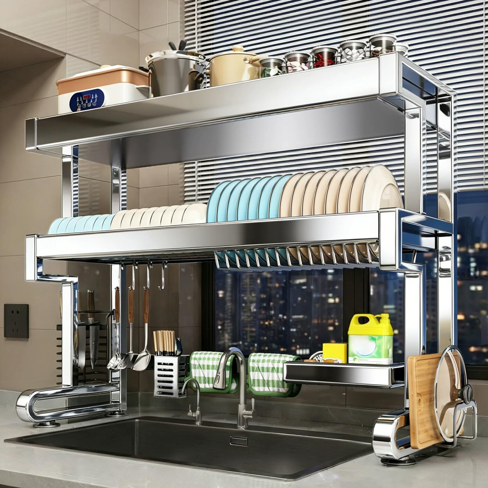 Doble capa Escurridor Platos Cocina organizador, scola piatti da appoggio sopra lavandino, Ahorra espacio Escurre Porta Cubiertos, Cocina cubiertos platos, con ganchos, portacuchillos.(76cm)
