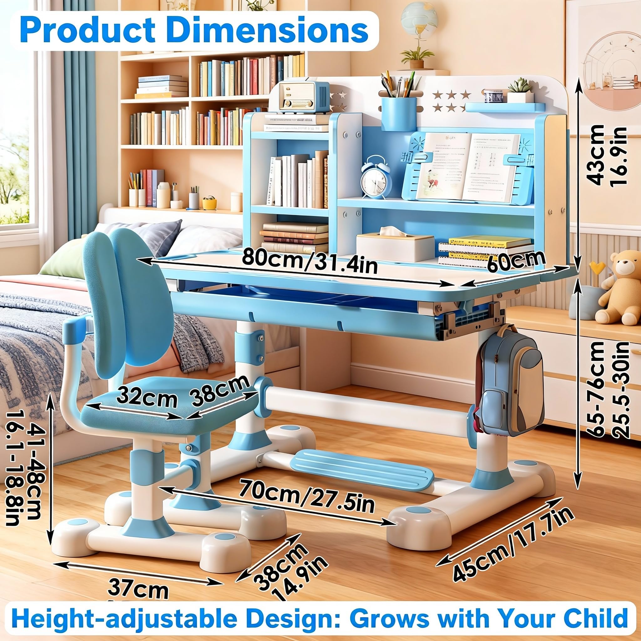 Ensemble bureau et chaise réglables pour enfants avec séparateurs et tiroirs, chaise ergonomique pour étude, écriture et lecture (bleu)