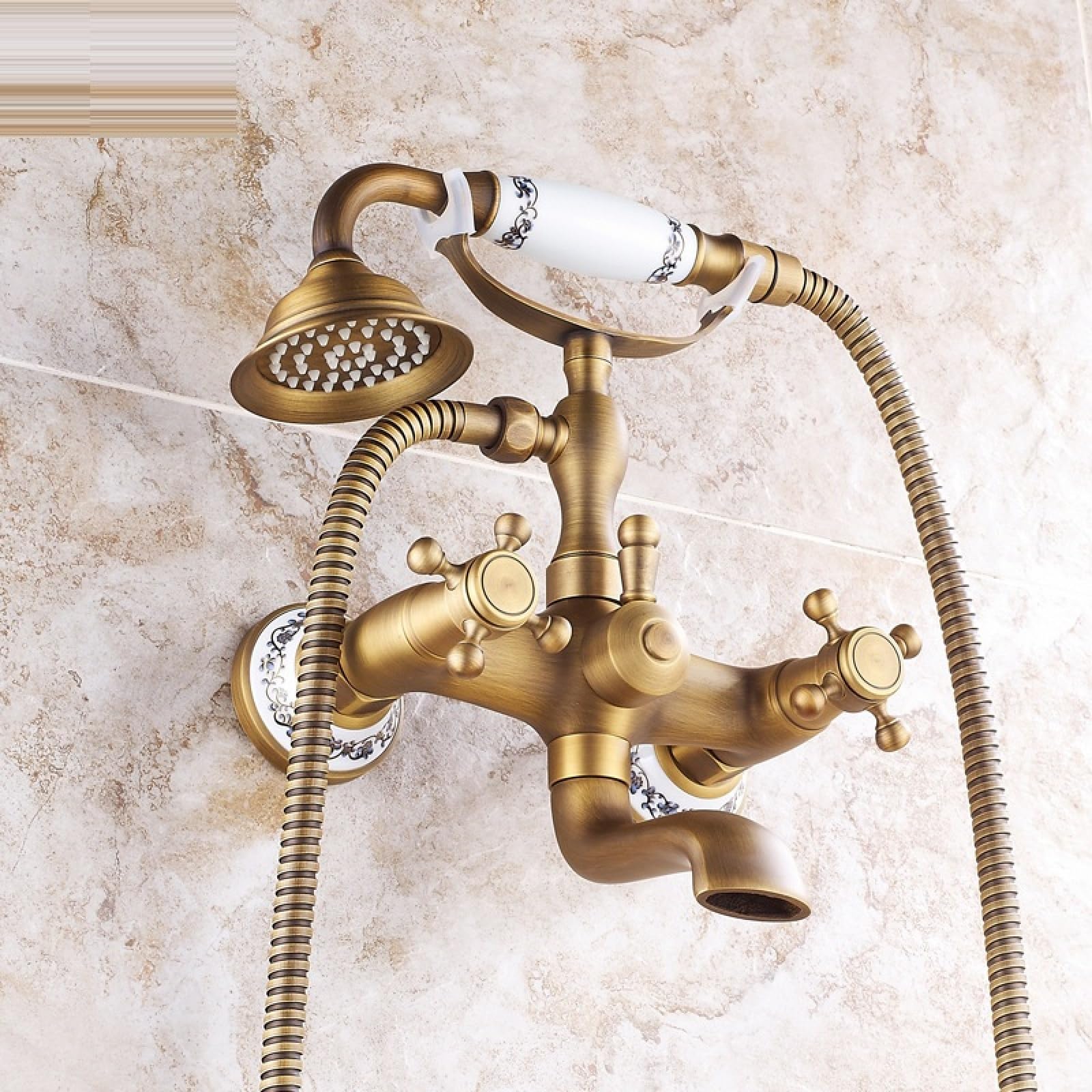 Fanjubei Blue And White Porcelain Bathroom Brass Hot And Cold Mixed Water Handheld Shower Head, Blue-And-White Porcelain
