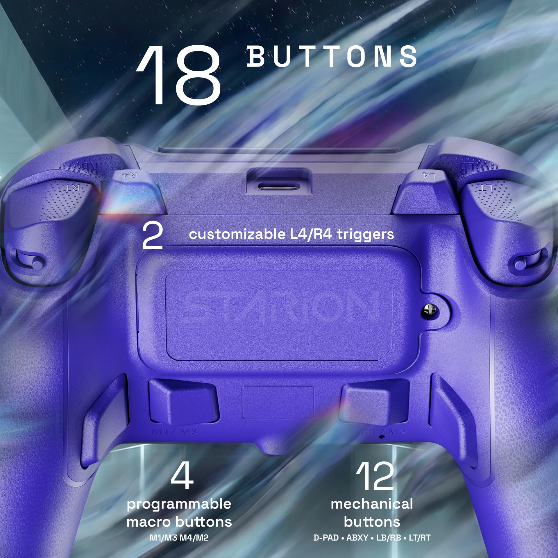 Oniverse Controller wireless per PS5/PC/Steam Deck - Starion - Joystick e grilletti Hall Effect, Palette macro programmabili, Grilletti L4/R4, Touchpad, Anti-Drift, Bluetooth/USB-C - Purple