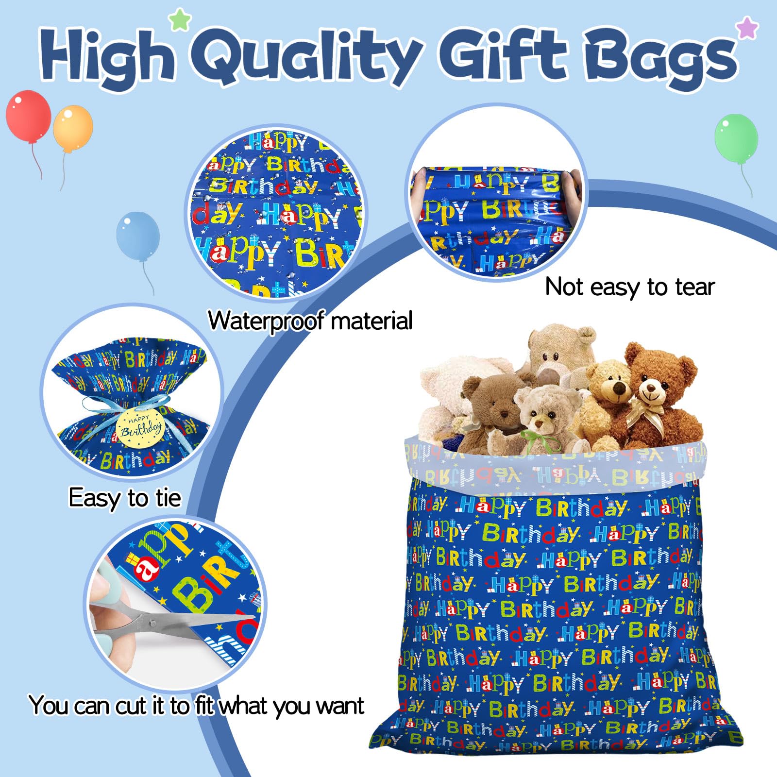 Laidans 56" Extra Large Blue Plastic Gift Bag, Jumbo Happy Birthday Gift Bag with Tag and Tie for Boy Kids Birthdays Parties or Holiday