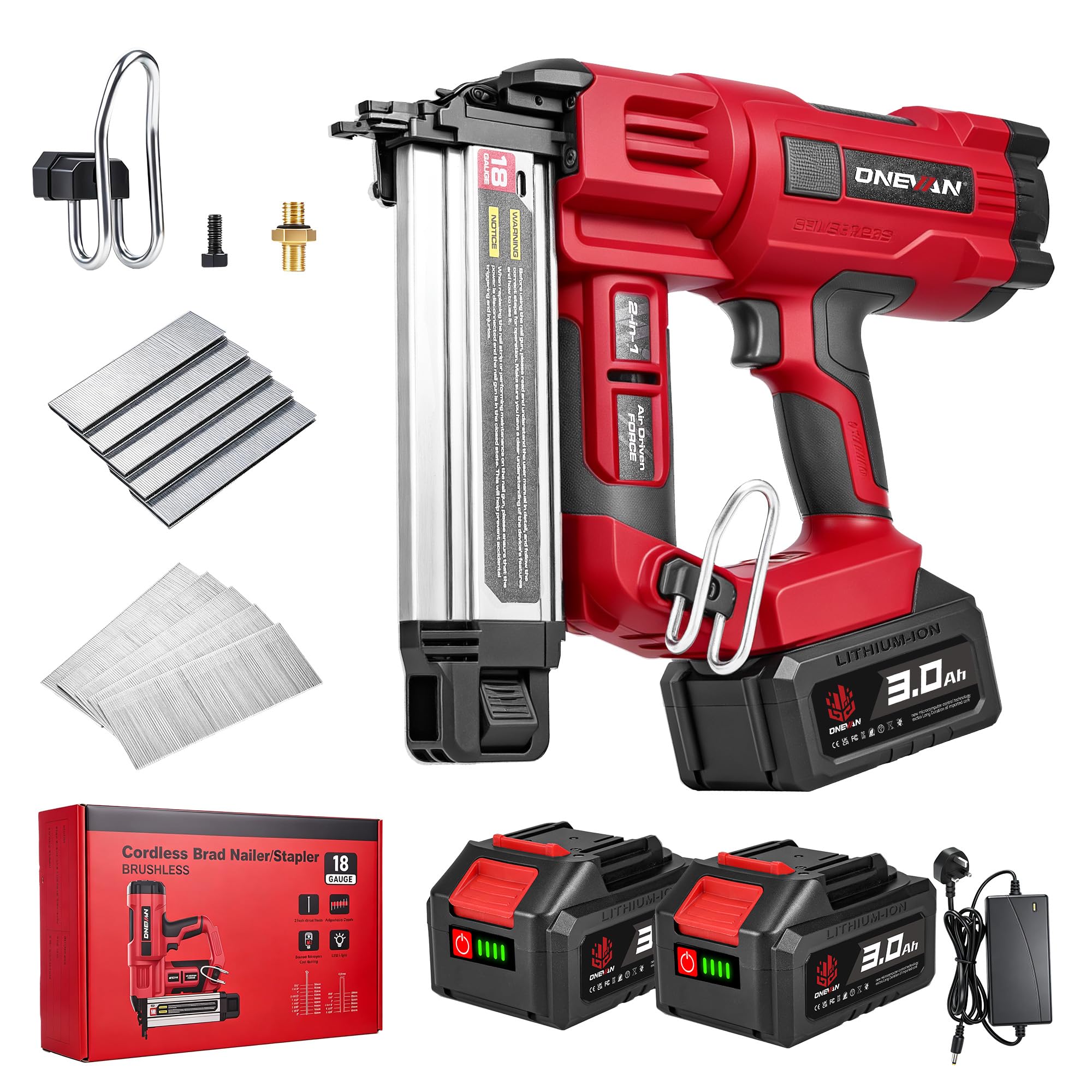 ONEVAN 18GA Nail Gun Cordless, Brad Nailer Staple Gun with 2X 3.0Ah Battery