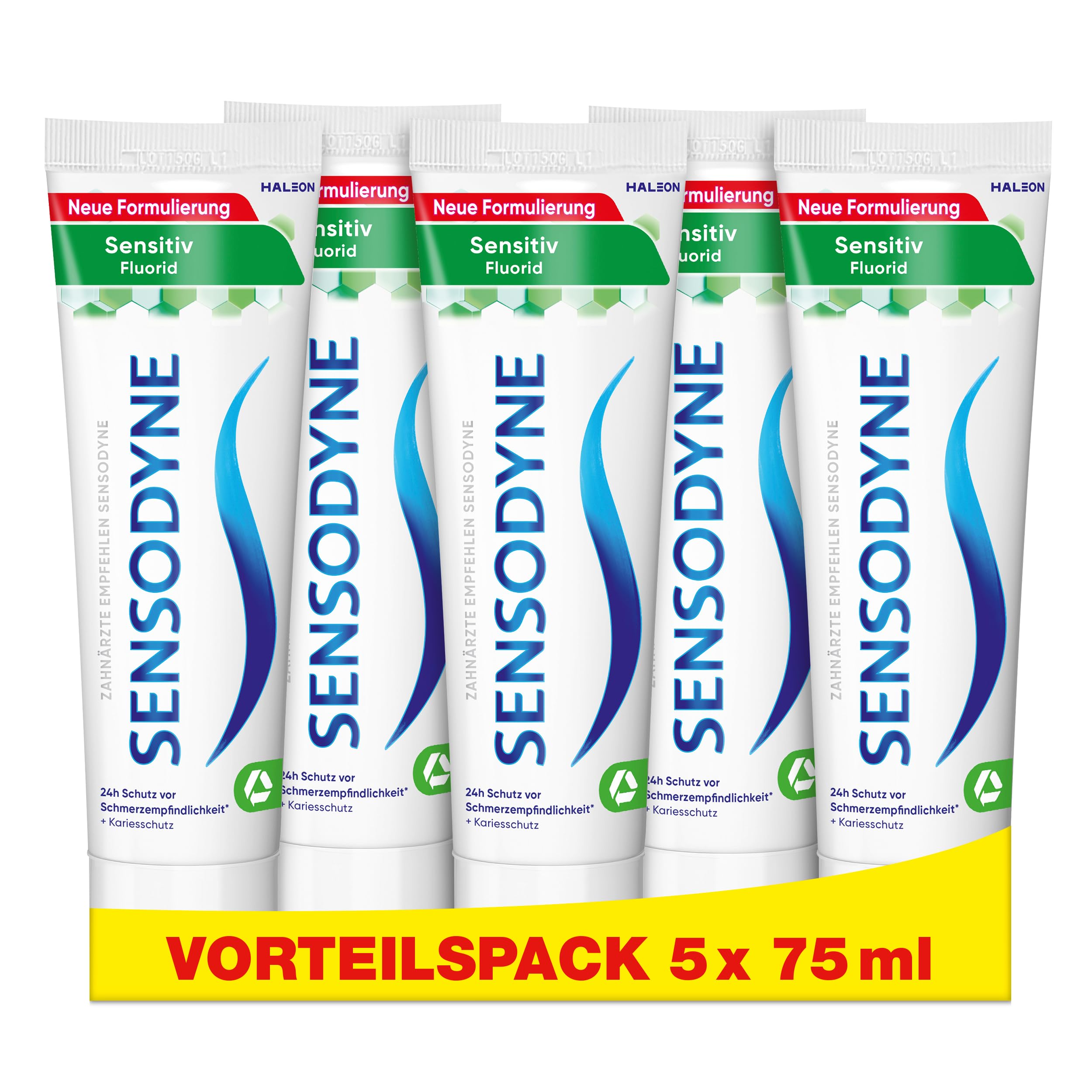 Sensodyne Zahnpasta Sensitiv Fluorid, tägliche Zahncreme zum Schutz vor Karies, bei schmerzempfindlichen Zähnen, 75ml