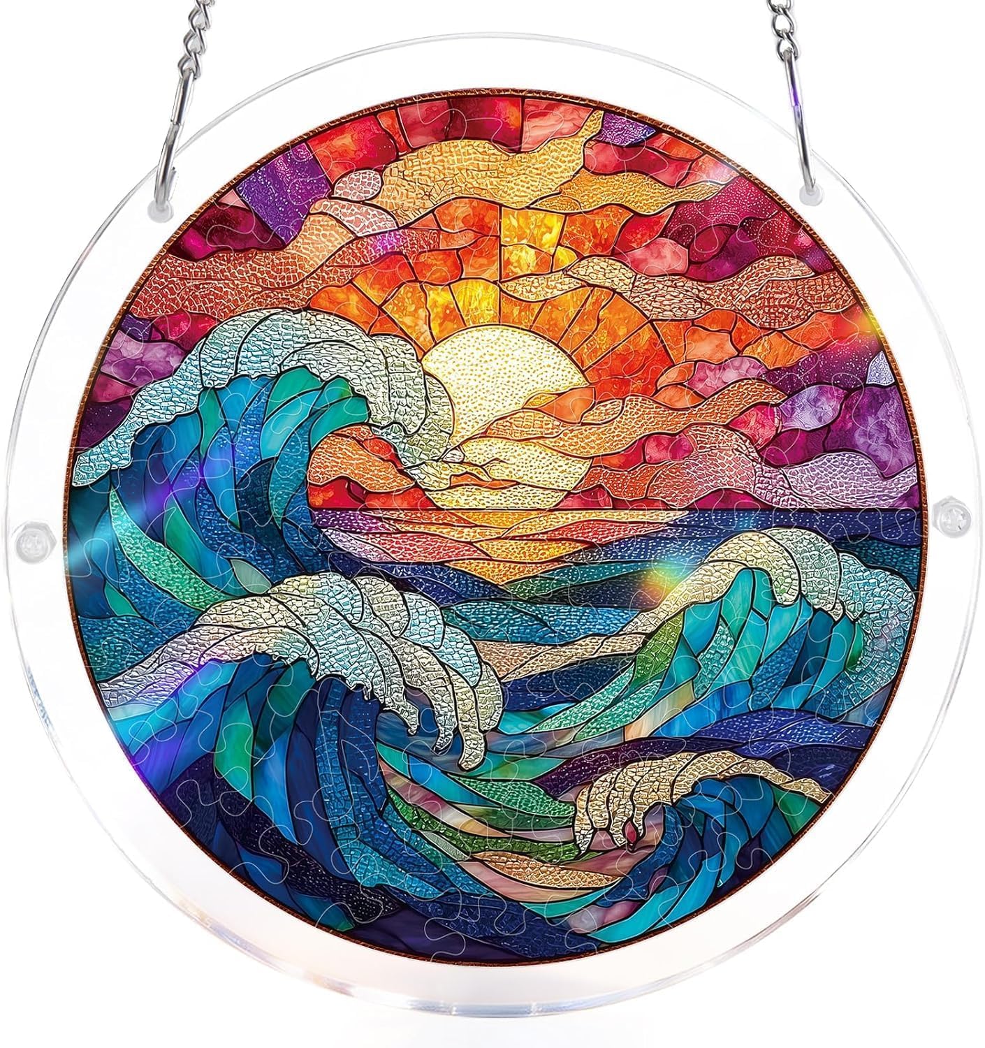 Acrylic Puzzle Suncatcher,83 Pieces Sun Catcher Stained Glass Acrylic Puzzle Decoration for Home Decor Birthday Women Men Mom (Chasing the Sun Sea)