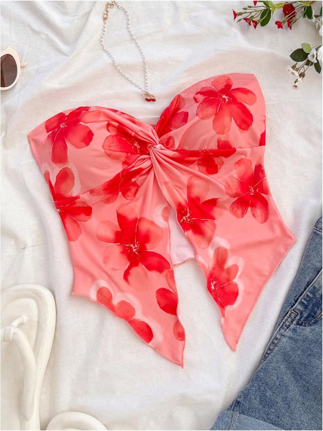 SHENHE Women's Floral Crop Tube Top Twist Front Strapless Split Asymmetrical Boho Flowy Bandeau - Image 5