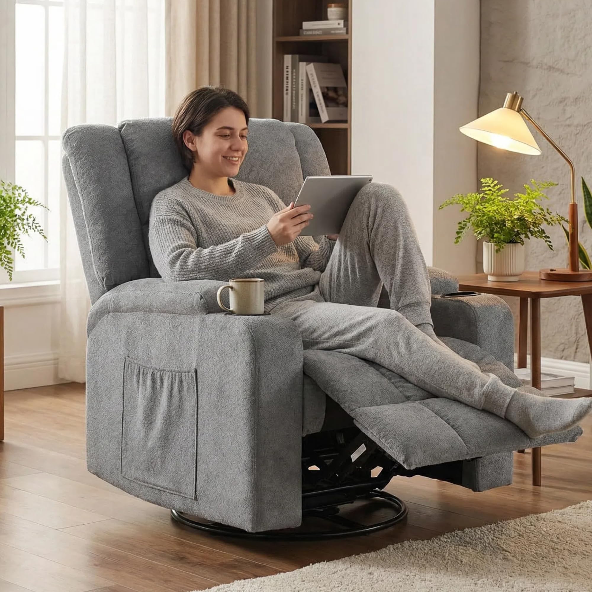 Furnimart 360° Swivel Rocker Recliner Chair for Adult, Manual Recliner Chair with Massage and Heat, Chenille Glider Rocker Chaise Lounge for Living