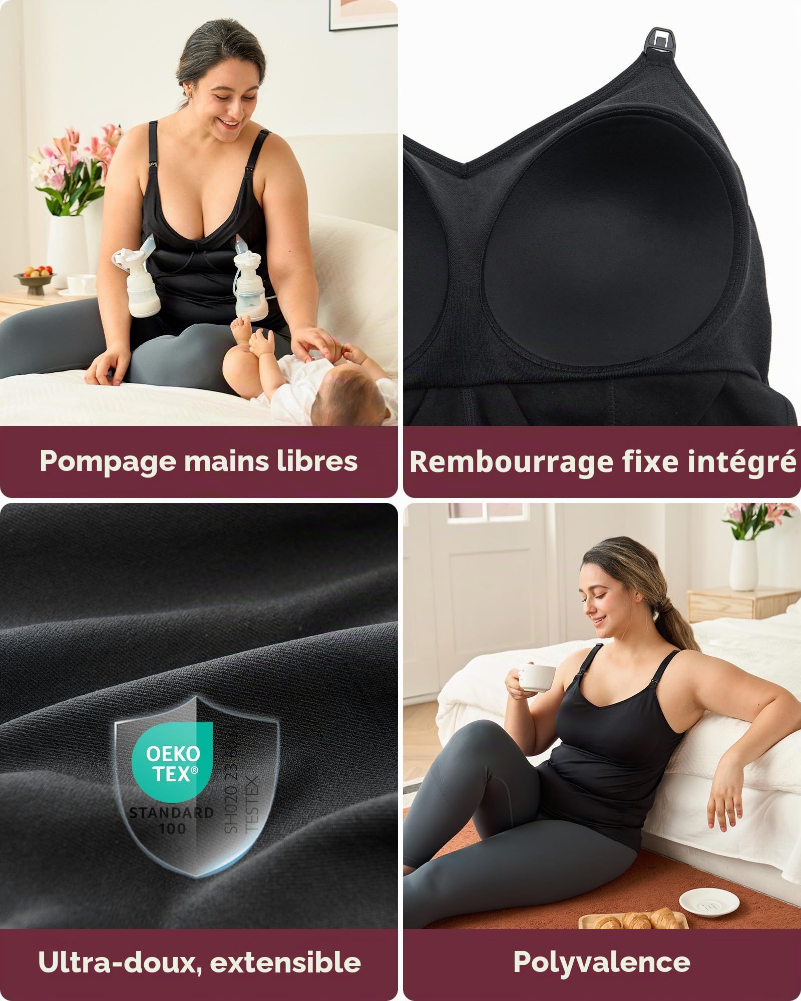momcozy débardeur Allaitement Femme Mains Libres, Top Tout-en-Un pour Tire-Lait et Allaitement avec Soutien-Gorge intégré et Coques Fixes