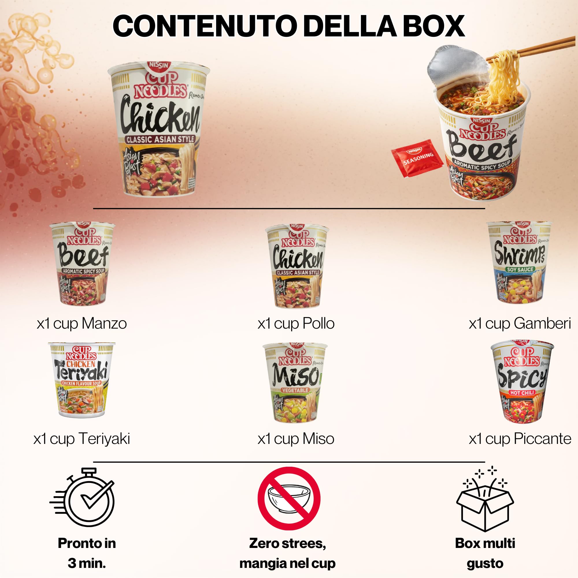 HU TASTE - Set Ramen Giapponese e Noodles Istantanei - Box Cibo Giapponese e Asiatico Mix 6 Gusti: Miso, Manzo Spicy, Gamberi, Teriyaki Pollo, Spicy e Pollo - Kit Ramen Pronto da Mangiare - 6 x 67g